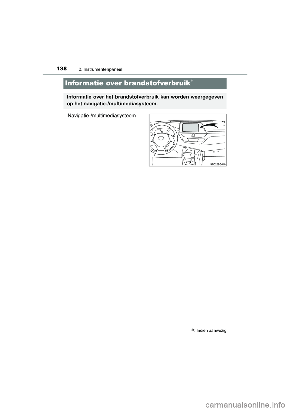 TOYOTA C-HR 2016 Instructieboekje (in Dutch) 1382. Instrumentenpaneel
C-HR_OM_Europe_OM10528E
Informatie over brandstofverbruik∗
Navigatie-/multimediasysteem
∗: Indien aanwezig
Informatie over het brandstofverbruik kan worden weergegeven
op TOYOTA C-HR 2016 Instructieboekje (in Dutch) 1382. Instrumentenpaneel
C-HR_OM_Europe_OM10528E
Informatie over brandstofverbruik∗
Navigatie-/multimediasysteem
∗: Indien aanwezig
Informatie over het brandstofverbruik kan worden weergegeven
op