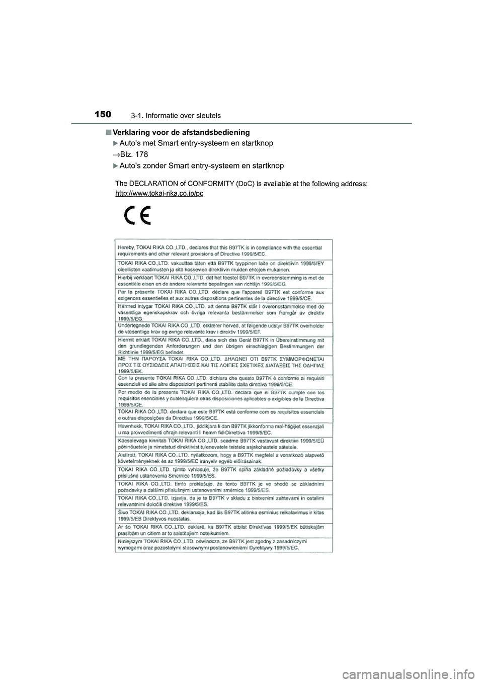 TOYOTA C-HR 2016 Instructieboekje (in Dutch) 1503-1. Informatie over sleutels
C-HR_OM_Europe_OM10528E■
Verklaring voor de afstandsbediening
Auto's met Smart entry-systeem en startknop
→Blz. 178
Auto's zonder Smart entry-systeem TOYOTA C-HR 2016 Instructieboekje (in Dutch) 1503-1. Informatie over sleutels
C-HR_OM_Europe_OM10528E■
Verklaring voor de afstandsbediening
Auto's met Smart entry-systeem en startknop
→Blz. 178
Auto's zonder Smart entry-systeem