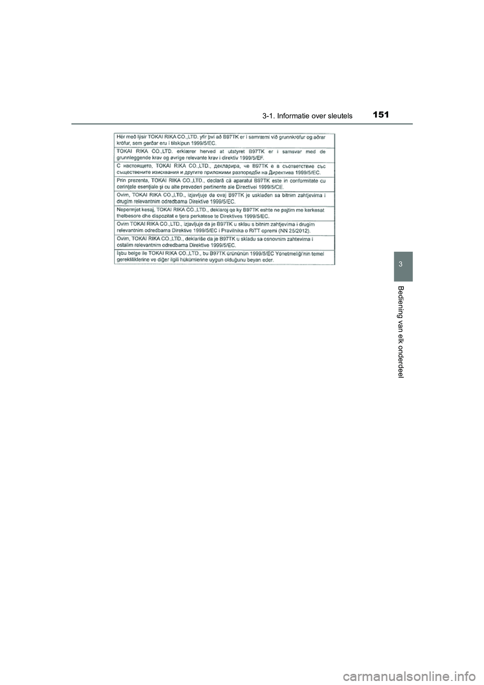 TOYOTA C-HR 2016 Instructieboekje (in Dutch) 1513-1. Informatie over sleutels
3
Bediening van elk onderdeel
C-HR_OM_Europe_OM10528E
C-HR_OM_Europe_OM10528E.book Page 151 Tuesday, September 6, 2016 4:16 PM TOYOTA C-HR 2016 Instructieboekje (in Dutch) 1513-1. Informatie over sleutels
3
Bediening van elk onderdeel
C-HR_OM_Europe_OM10528E
C-HR_OM_Europe_OM10528E.book Page 151 Tuesday, September 6, 2016 4:16 PM