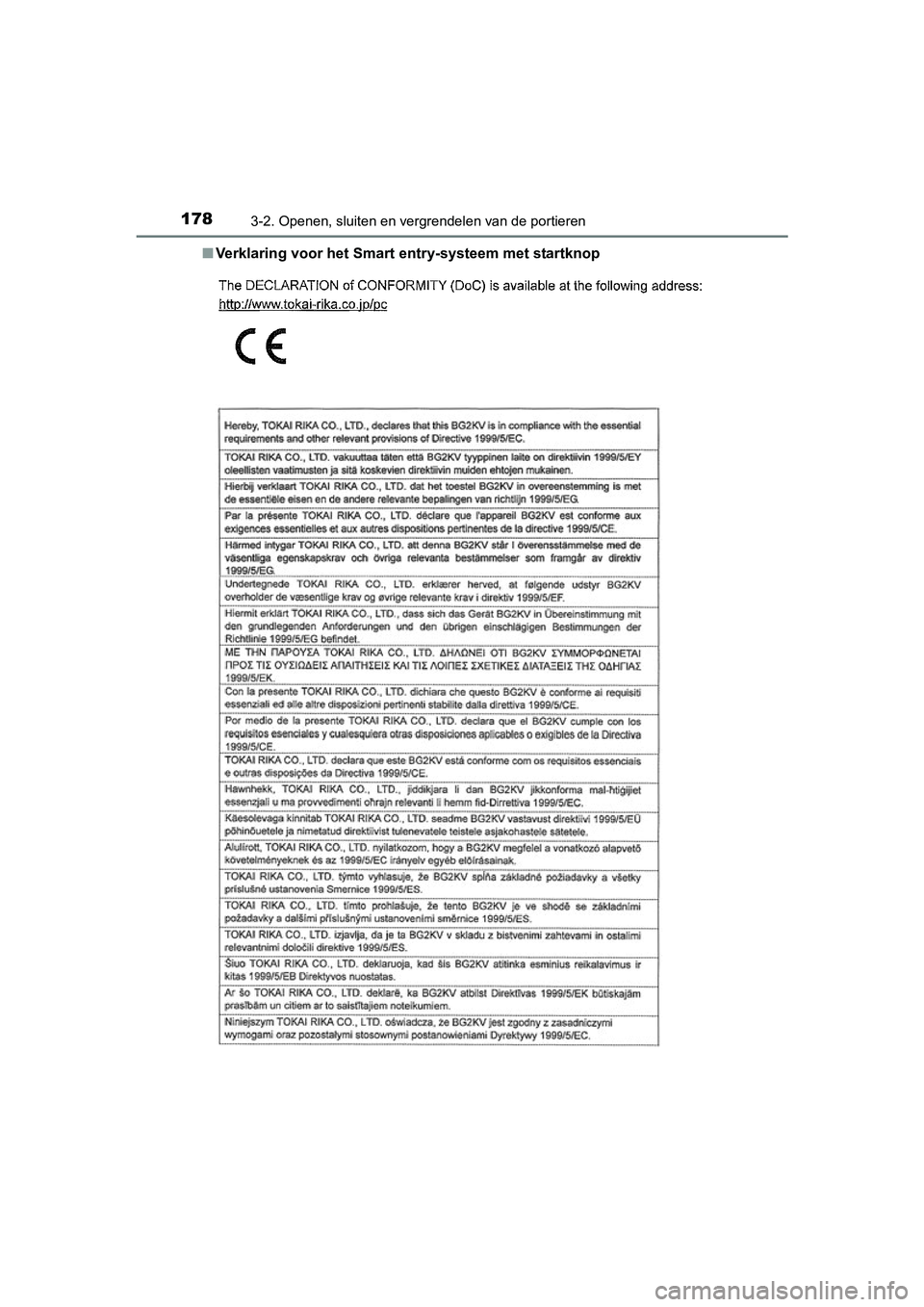 TOYOTA C-HR 2016 Instructieboekje (in Dutch) 1783-2. Openen, sluiten en vergrendelen van de portieren
C-HR_OM_Europe_OM10528E■
Verklaring voor het Smart entry-systeem met startknop
C-HR_OM_Europe_OM10528E.book Pag e 178 Tuesday, September 6 TOYOTA C-HR 2016 Instructieboekje (in Dutch) 1783-2. Openen, sluiten en vergrendelen van de portieren
C-HR_OM_Europe_OM10528E■
Verklaring voor het Smart entry-systeem met startknop
C-HR_OM_Europe_OM10528E.book Pag e 178 Tuesday, September 6