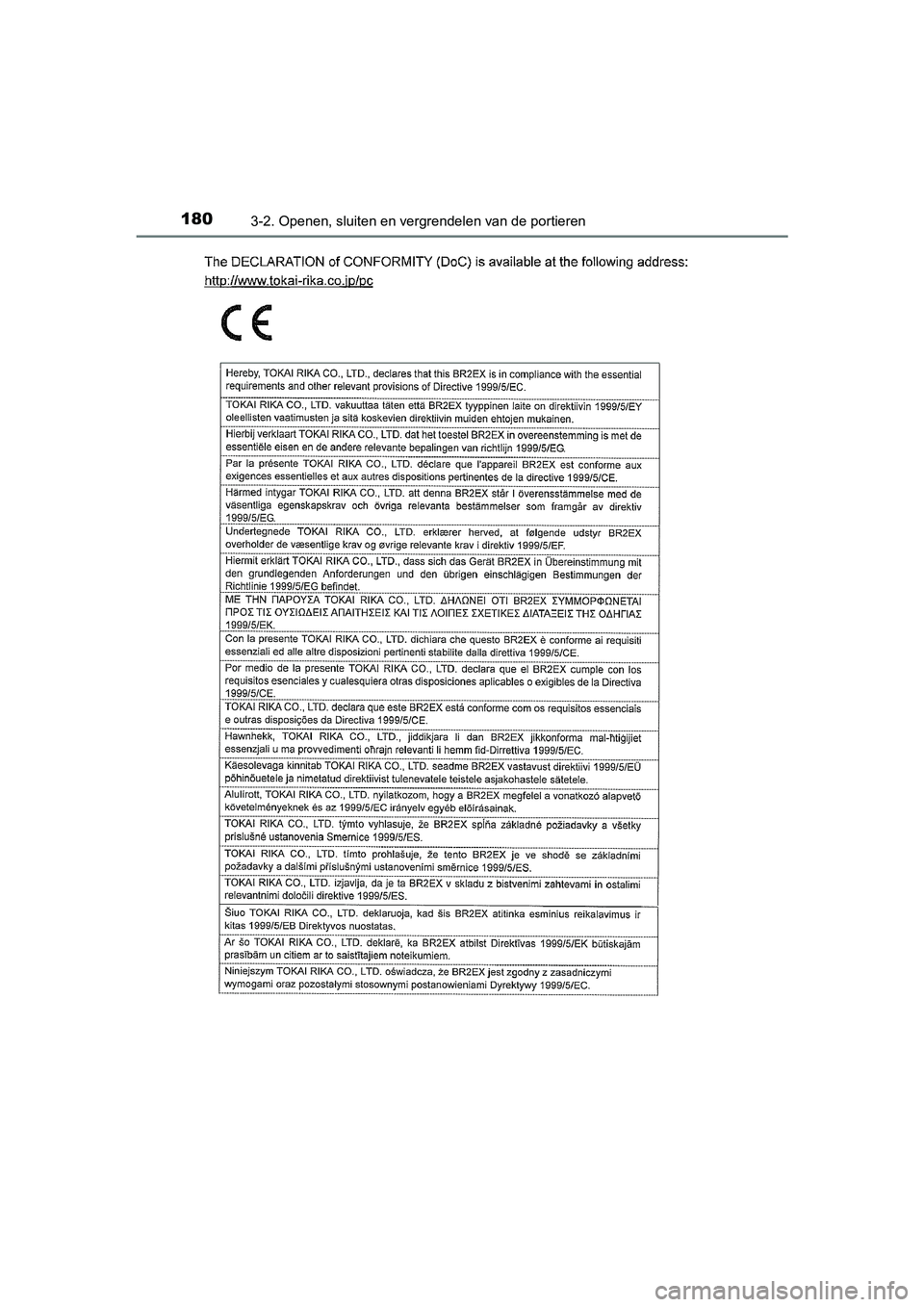 TOYOTA C-HR 2016 Instructieboekje (in Dutch) 1803-2. Openen, sluiten en vergrendelen van de portieren
C-HR_OM_Europe_OM10528E
C-HR_OM_Europe_OM10528E.book Page 180 Tuesday, September 6, 2016 4:16 PM TOYOTA C-HR 2016 Instructieboekje (in Dutch) 1803-2. Openen, sluiten en vergrendelen van de portieren
C-HR_OM_Europe_OM10528E
C-HR_OM_Europe_OM10528E.book Page 180 Tuesday, September 6, 2016 4:16 PM