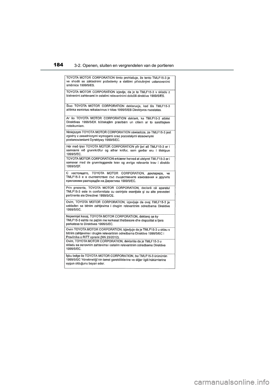 TOYOTA C-HR 2016 Instructieboekje (in Dutch) 1843-2. Openen, sluiten en vergrendelen van de portieren
C-HR_OM_Europe_OM10528E
C-HR_OM_Europe_OM10528E.book Page 184 Tuesday, September 6, 2016 4:16 PM TOYOTA C-HR 2016 Instructieboekje (in Dutch) 1843-2. Openen, sluiten en vergrendelen van de portieren
C-HR_OM_Europe_OM10528E
C-HR_OM_Europe_OM10528E.book Page 184 Tuesday, September 6, 2016 4:16 PM