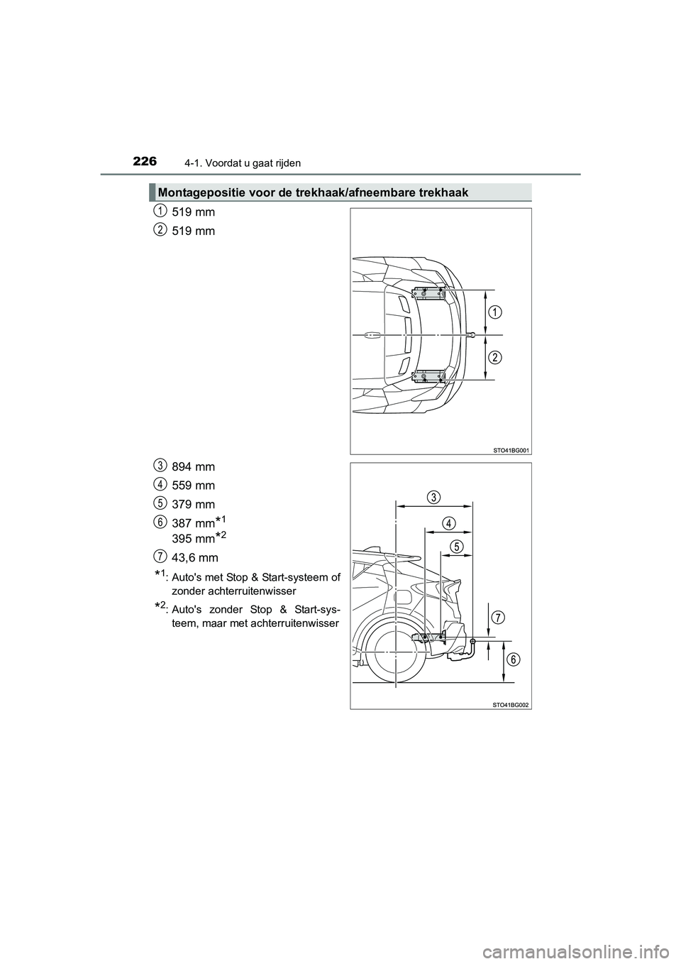 TOYOTA C-HR 2016 Instructieboekje (in Dutch) 2264-1. Voordat u gaat rijden
C-HR_OM_Europe_OM10528E
519 mm
519 mm
894 mm
559 mm
379 mm
387 mm
*1
395 mm*2
43,6 mm
*1: Auto's met Stop & Start-systeem ofzonder achterruitenwisser
*2: Auto's TOYOTA C-HR 2016 Instructieboekje (in Dutch) 2264-1. Voordat u gaat rijden
C-HR_OM_Europe_OM10528E
519 mm
519 mm
894 mm
559 mm
379 mm
387 mm
*1
395 mm*2
43,6 mm
*1: Auto's met Stop & Start-systeem ofzonder achterruitenwisser
*2: Auto's