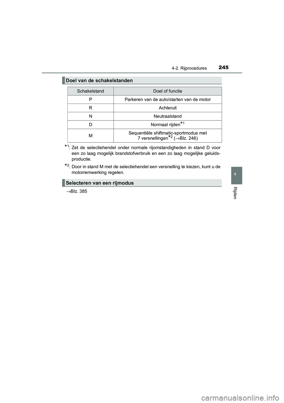 TOYOTA C-HR 2016 Instructieboekje (in Dutch) 2454-2. Rijprocedures
4
Rijden
C-HR_OM_Europe_OM10528E
*1: Zet de selectiehendel onder normale rijomstandigheden in stand D vooreen zo laag mogelijk brandstofverbruik en een zo laag TOYOTA C-HR 2016 Instructieboekje (in Dutch) 2454-2. Rijprocedures
4
Rijden
C-HR_OM_Europe_OM10528E
*1: Zet de selectiehendel onder normale rijomstandigheden in stand D vooreen zo laag mogelijk brandstofverbruik en een zo laag