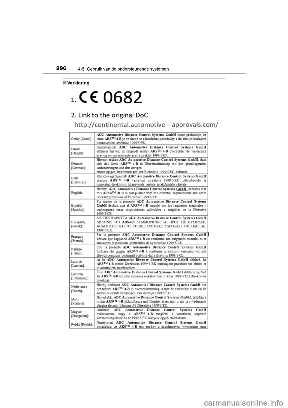 TOYOTA C-HR 2016 Instructieboekje (in Dutch) 2964-5. Gebruik van de ondersteunende systemen
C-HR_OM_Europe_OM10528E
■Ve rk l a r i n g
C-HR_OM_Europe_OM10528E.book Pag e 296 Tuesday, September 6, 2016 4:16 PM TOYOTA C-HR 2016 Instructieboekje (in Dutch) 2964-5. Gebruik van de ondersteunende systemen
C-HR_OM_Europe_OM10528E
■Ve rk l a r i n g
C-HR_OM_Europe_OM10528E.book Pag e 296 Tuesday, September 6, 2016 4:16 PM