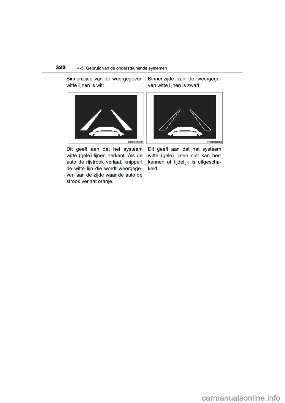 TOYOTA C-HR 2016 Instructieboekje (in Dutch) 3224-5. Gebruik van de ondersteunende systemen
C-HR_OM_Europe_OM10528E
Binnenzijde van de weergegeven
witte lijnen is wit:Binnenzijde van de weergege-
ven witte lijnen is zwart:
Dit geeft aan TOYOTA C-HR 2016 Instructieboekje (in Dutch) 3224-5. Gebruik van de ondersteunende systemen
C-HR_OM_Europe_OM10528E
Binnenzijde van de weergegeven
witte lijnen is wit:Binnenzijde van de weergege-
ven witte lijnen is zwart:
Dit geeft aan