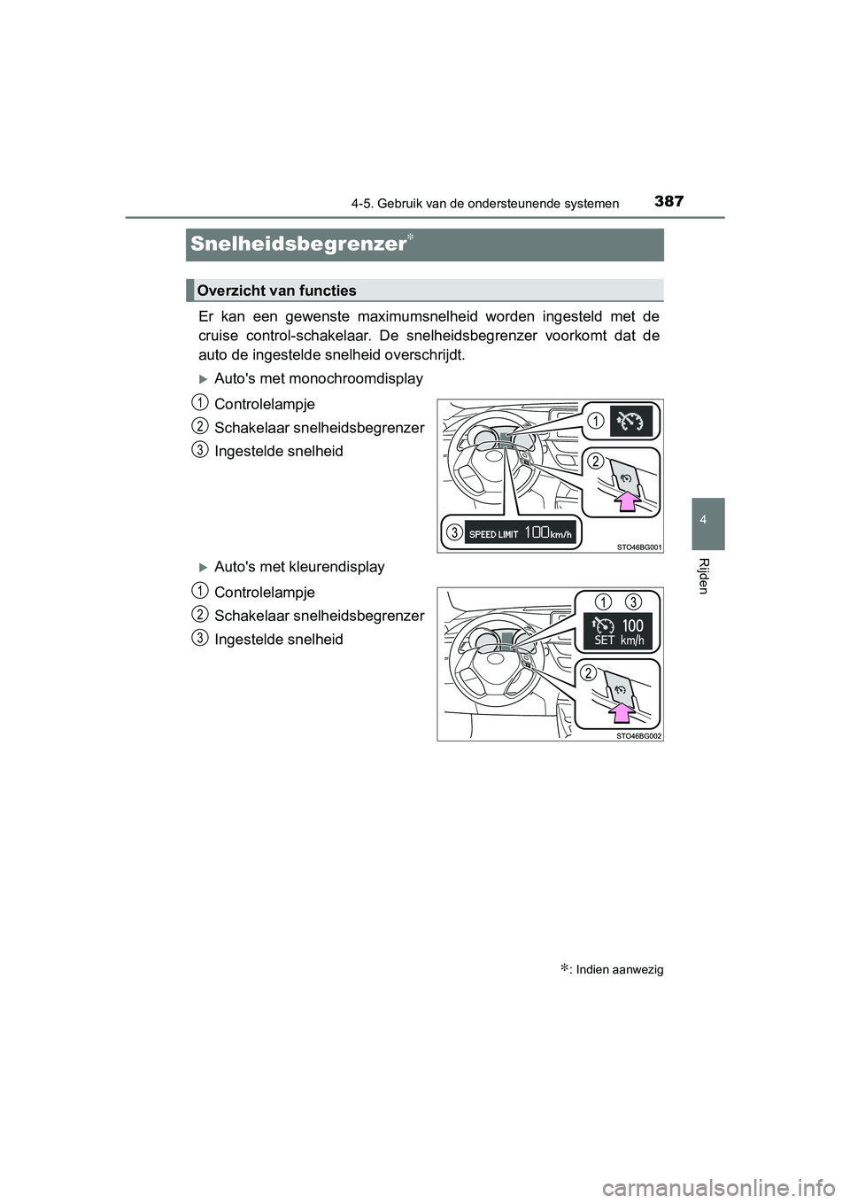 TOYOTA C-HR 2016 Instructieboekje (in Dutch) 387
4
4-5. Gebruik van de ondersteunende systemen
Rijden
C-HR_OM_Europe_OM10528E
Snelheidsbegrenzer∗
Er kan een gewenste maximumsnelheid worden ingesteld met de
cruise control-schakelaar. TOYOTA C-HR 2016 Instructieboekje (in Dutch) 387
4
4-5. Gebruik van de ondersteunende systemen
Rijden
C-HR_OM_Europe_OM10528E
Snelheidsbegrenzer∗
Er kan een gewenste maximumsnelheid worden ingesteld met de
cruise control-schakelaar.