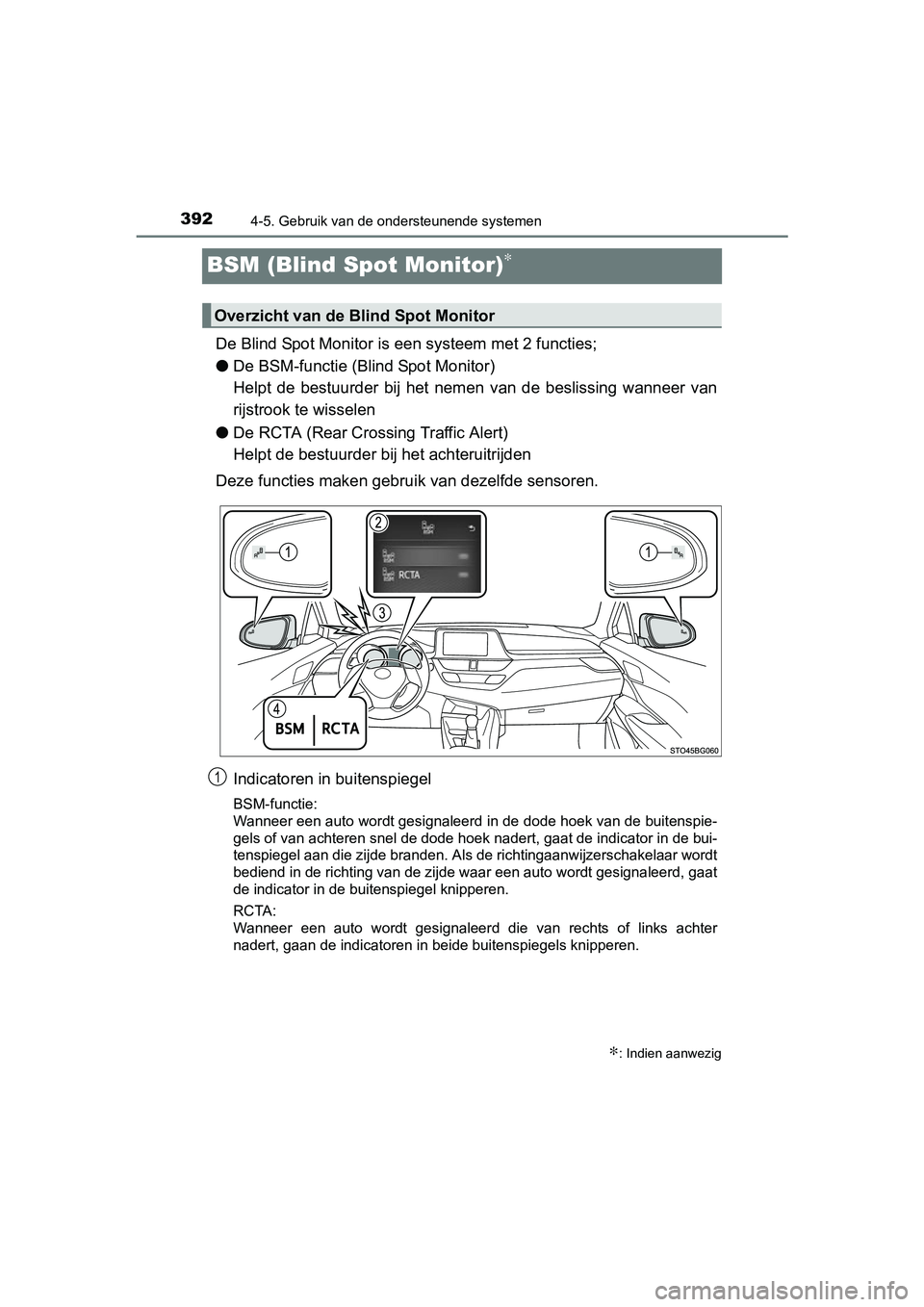 TOYOTA C-HR 2016 Instructieboekje (in Dutch) 3924-5. Gebruik van de ondersteunende systemen
C-HR_OM_Europe_OM10528E
BSM (Blind Spot Monitor)∗
De Blind Spot Monitor is een systeem met 2 functies;
● De BSM-functie (Blind Spot Monitor)
Helpt d TOYOTA C-HR 2016 Instructieboekje (in Dutch) 3924-5. Gebruik van de ondersteunende systemen
C-HR_OM_Europe_OM10528E
BSM (Blind Spot Monitor)∗
De Blind Spot Monitor is een systeem met 2 functies;
● De BSM-functie (Blind Spot Monitor)
Helpt d