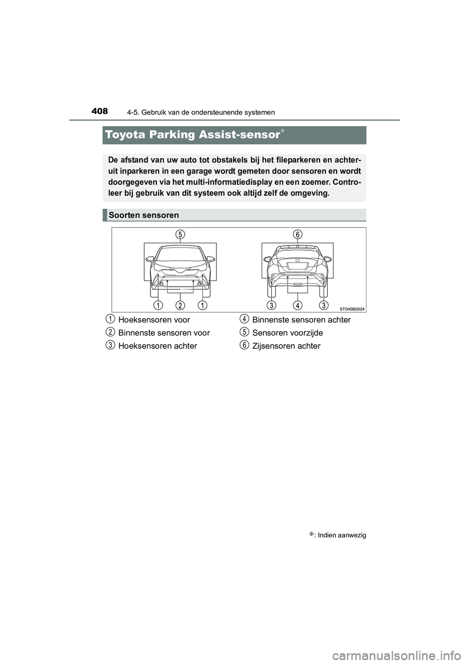 TOYOTA C-HR 2016 Instructieboekje (in Dutch) 4084-5. Gebruik van de ondersteunende systemen
C-HR_OM_Europe_OM10528E
Toyota Parking Assist-sensor∗
∗: Indien aanwezig
De afstand van uw auto tot obstakels bij het fileparkeren en achter-
uit inp TOYOTA C-HR 2016 Instructieboekje (in Dutch) 4084-5. Gebruik van de ondersteunende systemen
C-HR_OM_Europe_OM10528E
Toyota Parking Assist-sensor∗
∗: Indien aanwezig
De afstand van uw auto tot obstakels bij het fileparkeren en achter-
uit inp