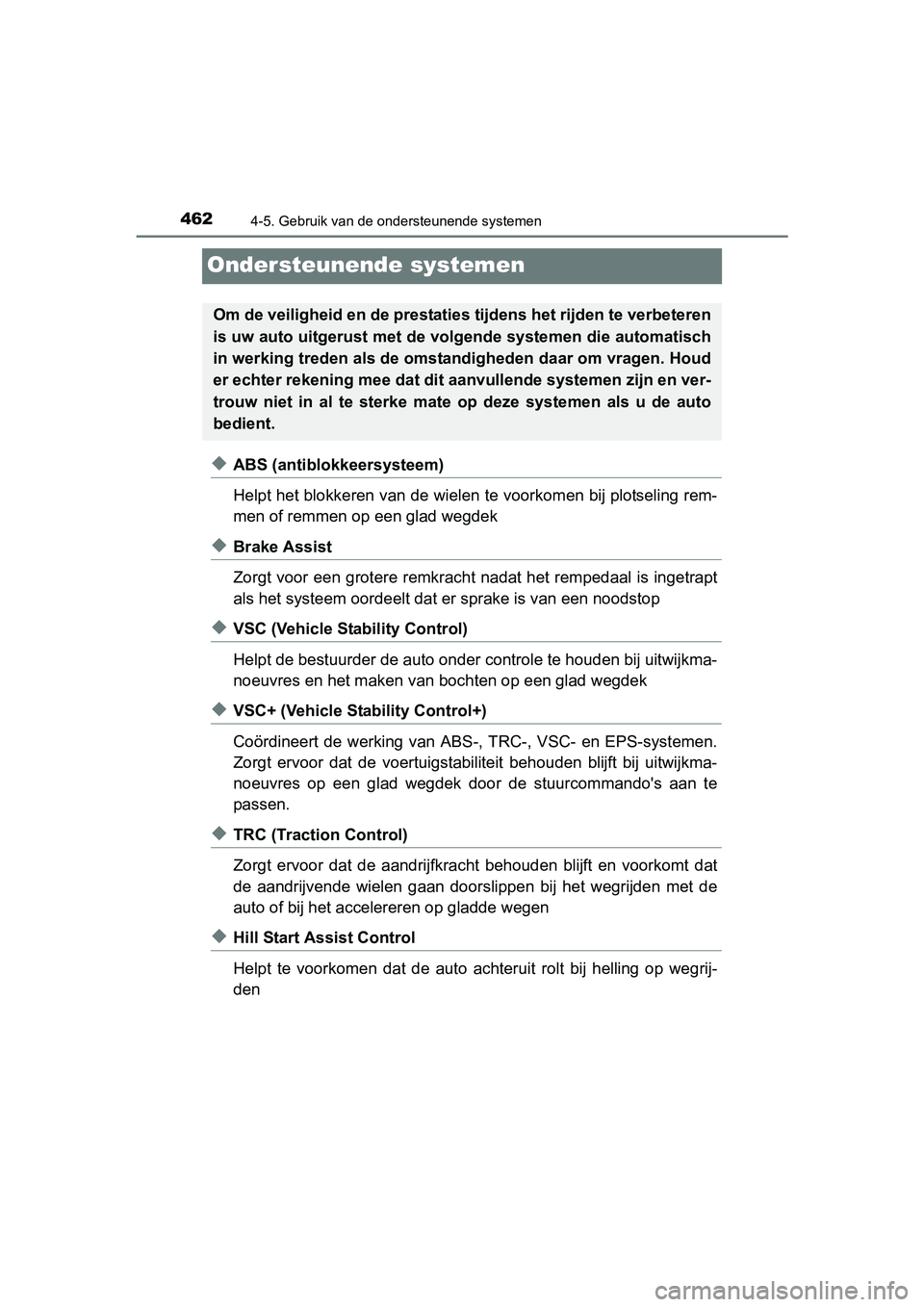 TOYOTA C-HR 2016 Instructieboekje (in Dutch) 4624-5. Gebruik van de ondersteunende systemen
C-HR_OM_Europe_OM10528E
Ondersteunende systemen
◆ABS (antiblokkeersysteem)
Helpt het blokkeren van de wielen te voorkomen bij plotseling rem-
men of re TOYOTA C-HR 2016 Instructieboekje (in Dutch) 4624-5. Gebruik van de ondersteunende systemen
C-HR_OM_Europe_OM10528E
Ondersteunende systemen
◆ABS (antiblokkeersysteem)
Helpt het blokkeren van de wielen te voorkomen bij plotseling rem-
men of re