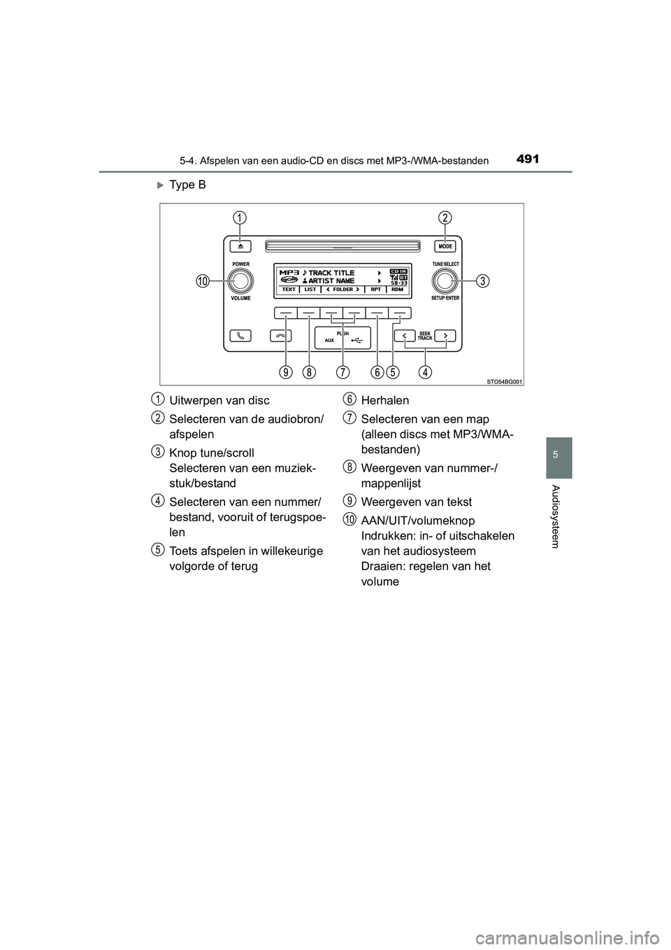TOYOTA C-HR 2016 Instructieboekje (in Dutch) 4915-4. Afspelen van een audio-CD en discs met MP3-/WMA-bestanden
5
Audiosysteem
C-HR_OM_Europe_OM10528E
Ty p e B
Uitwerpen van disc
Selecteren van de audiobron/
afspelen
Knop tune/scroll
Selecte TOYOTA C-HR 2016 Instructieboekje (in Dutch) 4915-4. Afspelen van een audio-CD en discs met MP3-/WMA-bestanden
5
Audiosysteem
C-HR_OM_Europe_OM10528E
Ty p e B
Uitwerpen van disc
Selecteren van de audiobron/
afspelen
Knop tune/scroll
Selecte