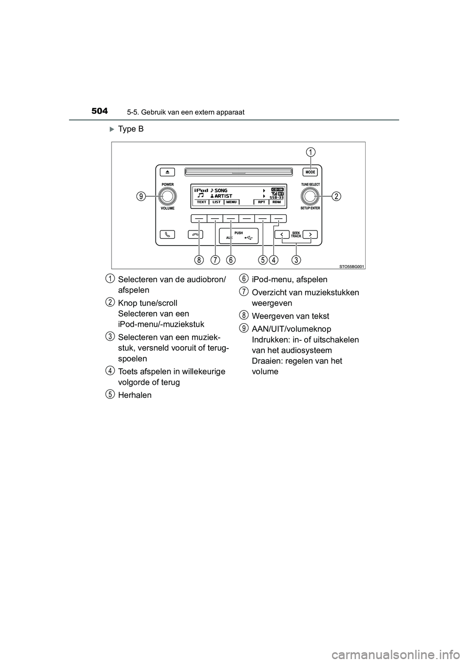 TOYOTA C-HR 2016 Instructieboekje (in Dutch) 5045-5. Gebruik van een extern apparaat
C-HR_OM_Europe_OM10528E
Ty p e B
Selecteren van de audiobron/
afspelen
Knop tune/scroll
Selecteren van een
iPod-menu/-muziekstuk
Selecteren van een muziek TOYOTA C-HR 2016 Instructieboekje (in Dutch) 5045-5. Gebruik van een extern apparaat
C-HR_OM_Europe_OM10528E
Ty p e B
Selecteren van de audiobron/
afspelen
Knop tune/scroll
Selecteren van een
iPod-menu/-muziekstuk
Selecteren van een muziek