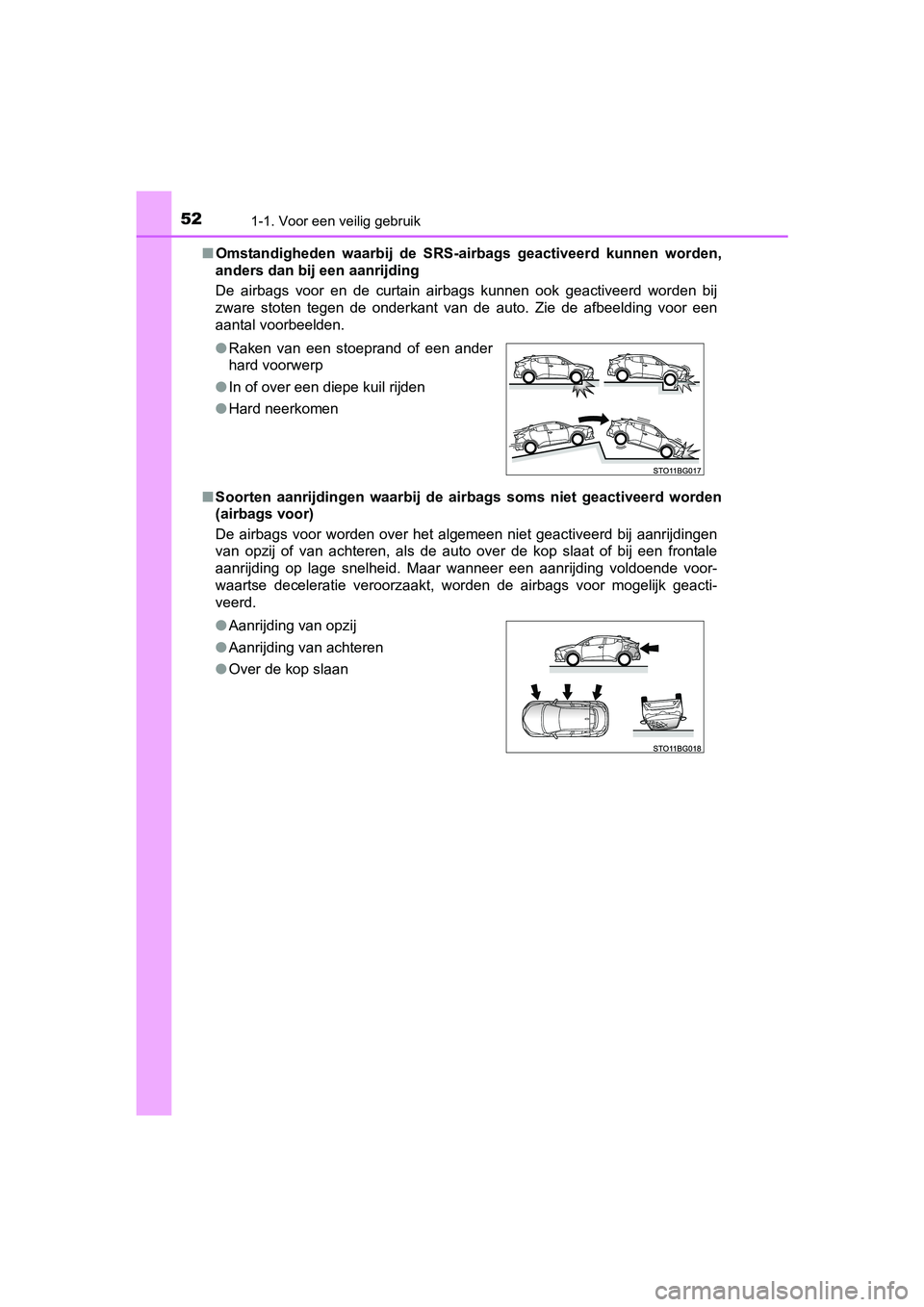 TOYOTA C-HR 2016 Instructieboekje (in Dutch) 521-1. Voor een veilig gebruik
C-HR_OM_Europe_OM10528E■
Omstandigheden waarbij de SRS-air bags geactiveerd kunnen worden,
anders dan bij een aanrijding
De airbags voor en de curtain air TOYOTA C-HR 2016 Instructieboekje (in Dutch) 521-1. Voor een veilig gebruik
C-HR_OM_Europe_OM10528E■
Omstandigheden waarbij de SRS-air bags geactiveerd kunnen worden,
anders dan bij een aanrijding
De airbags voor en de curtain air