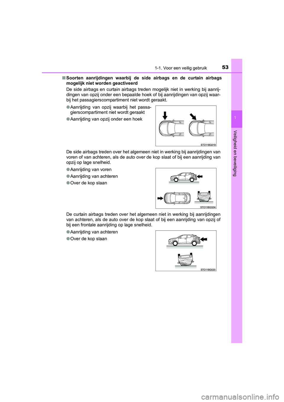 TOYOTA C-HR 2016 Instructieboekje (in Dutch) 531-1. Voor een veilig gebruik
1
Veiligheid en beveiliging
C-HR_OM_Europe_OM10528E■
Soorten aanrijdingen waarbij de side airbags en de curtain airbags
mogelijk niet worden geactiveerd
De s TOYOTA C-HR 2016 Instructieboekje (in Dutch) 531-1. Voor een veilig gebruik
1
Veiligheid en beveiliging
C-HR_OM_Europe_OM10528E■
Soorten aanrijdingen waarbij de side airbags en de curtain airbags
mogelijk niet worden geactiveerd
De s