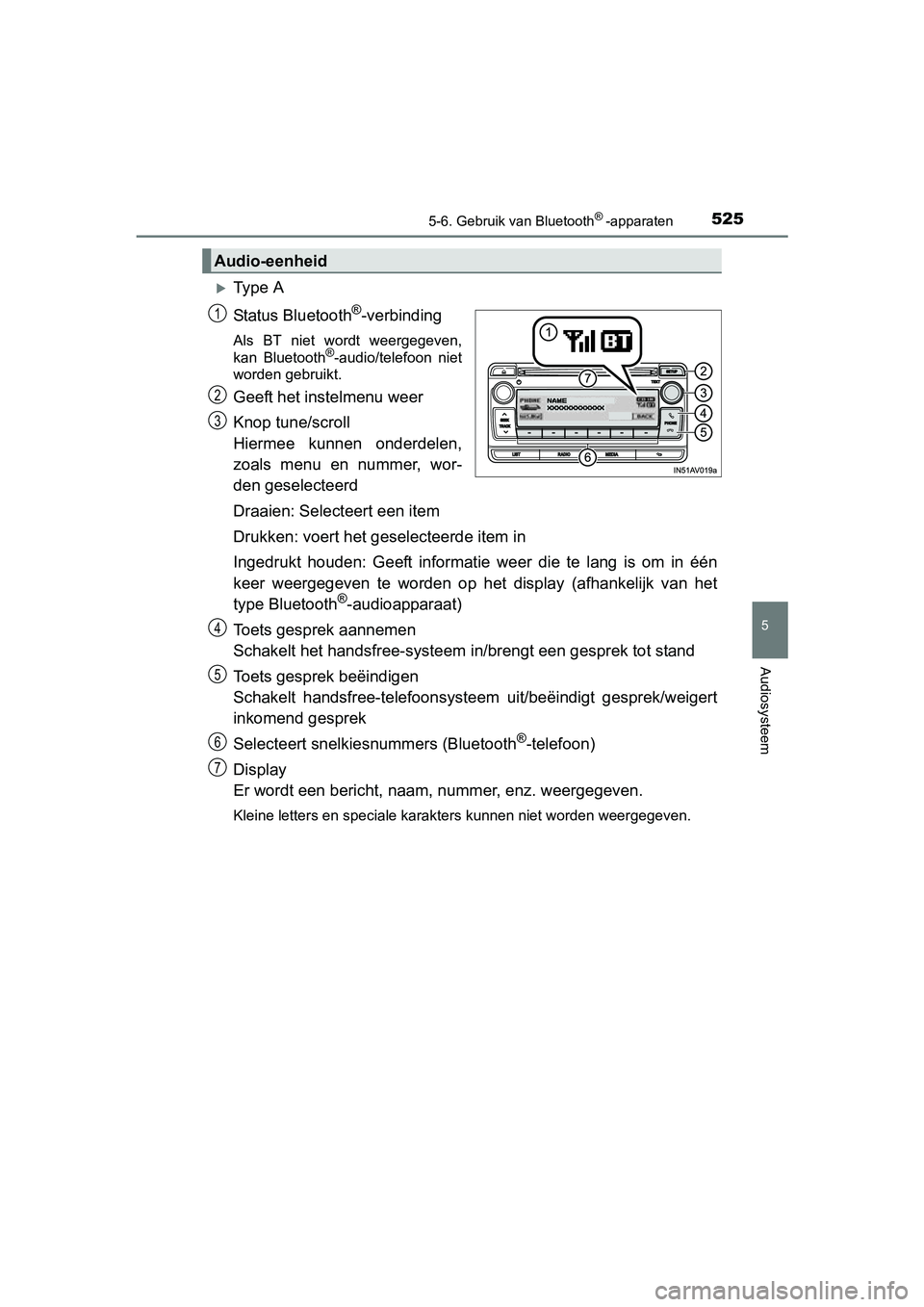 TOYOTA C-HR 2016 Instructieboekje (in Dutch) 5255-6. Gebruik van Bluetooth® -apparaten
5
Audiosysteem
C-HR_OM_Europe_OM10528E
Ty p e A
Status Bluetooth
®-verbinding
Als BT niet wordt weergegeven,
kan Bluetooth®-audio/telefoon niet
TOYOTA C-HR 2016 Instructieboekje (in Dutch) 5255-6. Gebruik van Bluetooth® -apparaten
5
Audiosysteem
C-HR_OM_Europe_OM10528E
Ty p e A
Status Bluetooth
®-verbinding
Als BT niet wordt weergegeven,
kan Bluetooth®-audio/telefoon niet