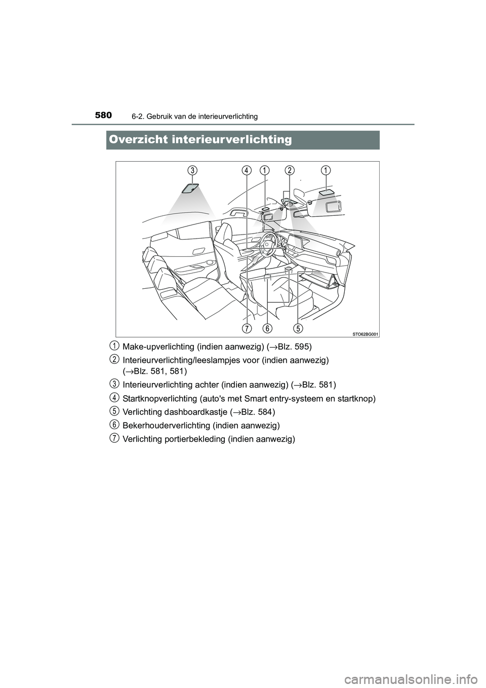 TOYOTA C-HR 2016 Instructieboekje (in Dutch) 5806-2. Gebruik van de interieurverlichting
C-HR_OM_Europe_OM10528E
Overzicht interieur verlichting
Make-upverlichting (indien aanwezig) (→Blz. 595)
Interieurverlichtin g/leeslampjes voor (indien a TOYOTA C-HR 2016 Instructieboekje (in Dutch) 5806-2. Gebruik van de interieurverlichting
C-HR_OM_Europe_OM10528E
Overzicht interieur verlichting
Make-upverlichting (indien aanwezig) (→Blz. 595)
Interieurverlichtin g/leeslampjes voor (indien a
