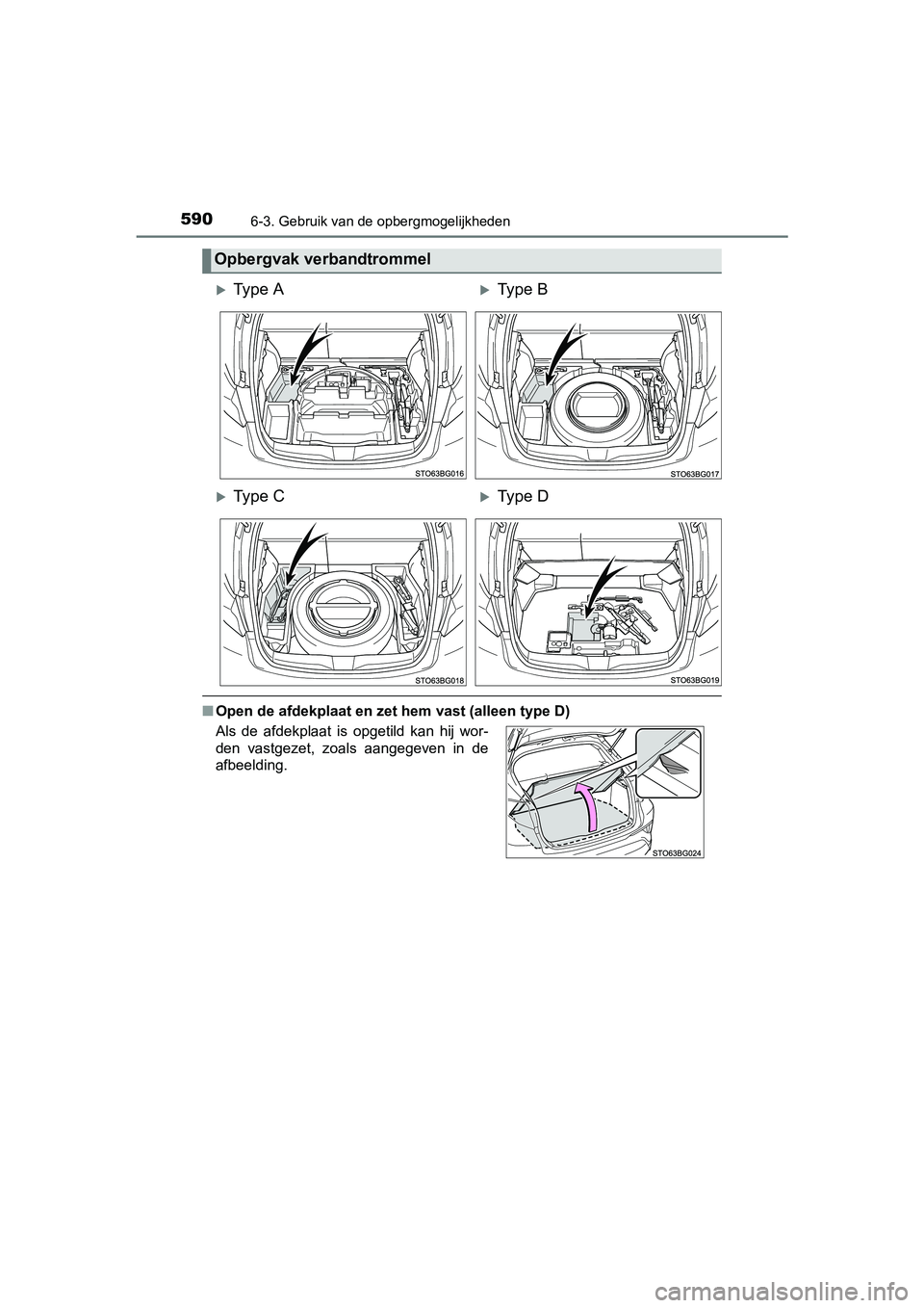 TOYOTA C-HR 2016  Instructieboekje (in Dutch) 5906-3. Gebruik van de opbergmogelijkheden
C-HR_OM_Europe_OM10528E
■Open de afdekplaat en zet hem vast (alleen type D)
Opbergvak verbandtrommel
Ty p e   AType B
Ty p e   CType D
Als  de 
