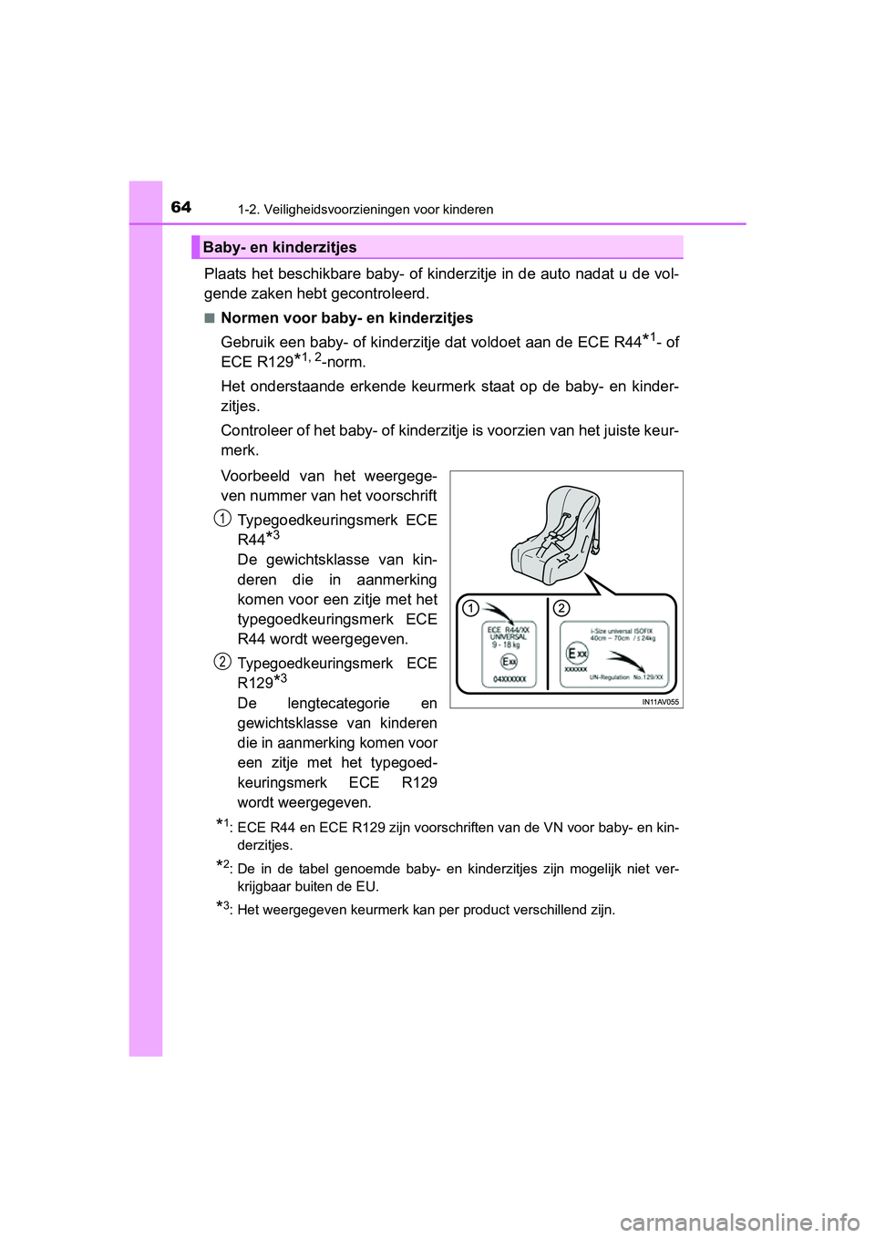 TOYOTA C-HR 2016 Instructieboekje (in Dutch) 641-2. Veiligheidsvoorzieningen voor kinderen
C-HR_OM_Europe_OM10528E
Plaats het beschikbare baby- of kinderzitje in de auto nadat u de vol-
gende zaken hebt gecontroleerd.
■Normen voor baby- en ki TOYOTA C-HR 2016 Instructieboekje (in Dutch) 641-2. Veiligheidsvoorzieningen voor kinderen
C-HR_OM_Europe_OM10528E
Plaats het beschikbare baby- of kinderzitje in de auto nadat u de vol-
gende zaken hebt gecontroleerd.
■Normen voor baby- en ki