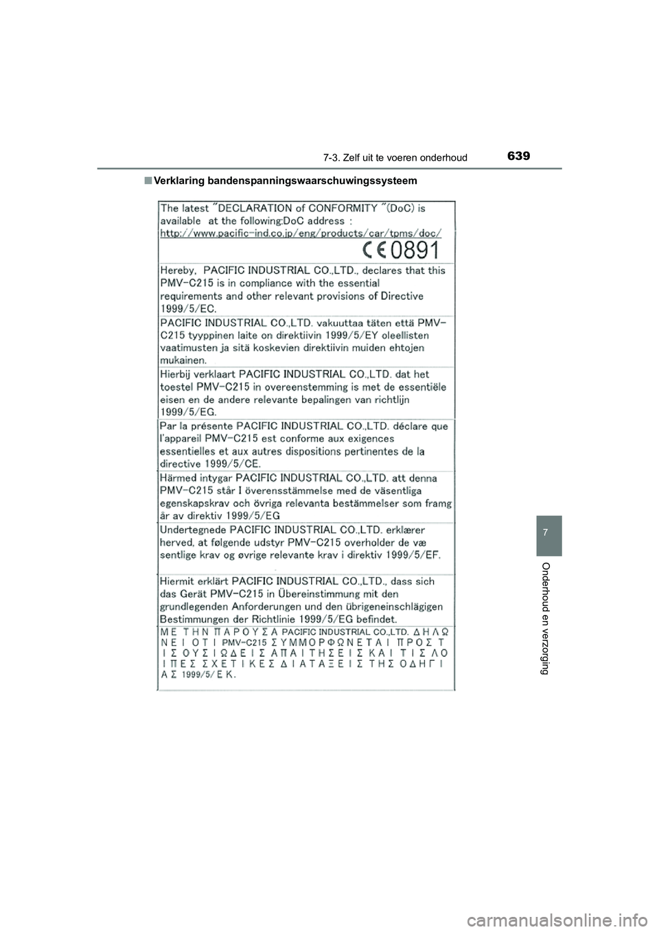 TOYOTA C-HR 2016 Instructieboekje (in Dutch) 6397-3. Zelf uit te voeren onderhoud
7
Onderhoud en verzorging
C-HR_OM_Europe_OM10528E■
Verklaring bandenspanningswaarschuwingssysteem
C-HR_OM_Europe_OM10528E.book Pag e 639 Tuesday, September 6, TOYOTA C-HR 2016 Instructieboekje (in Dutch) 6397-3. Zelf uit te voeren onderhoud
7
Onderhoud en verzorging
C-HR_OM_Europe_OM10528E■
Verklaring bandenspanningswaarschuwingssysteem
C-HR_OM_Europe_OM10528E.book Pag e 639 Tuesday, September 6,
