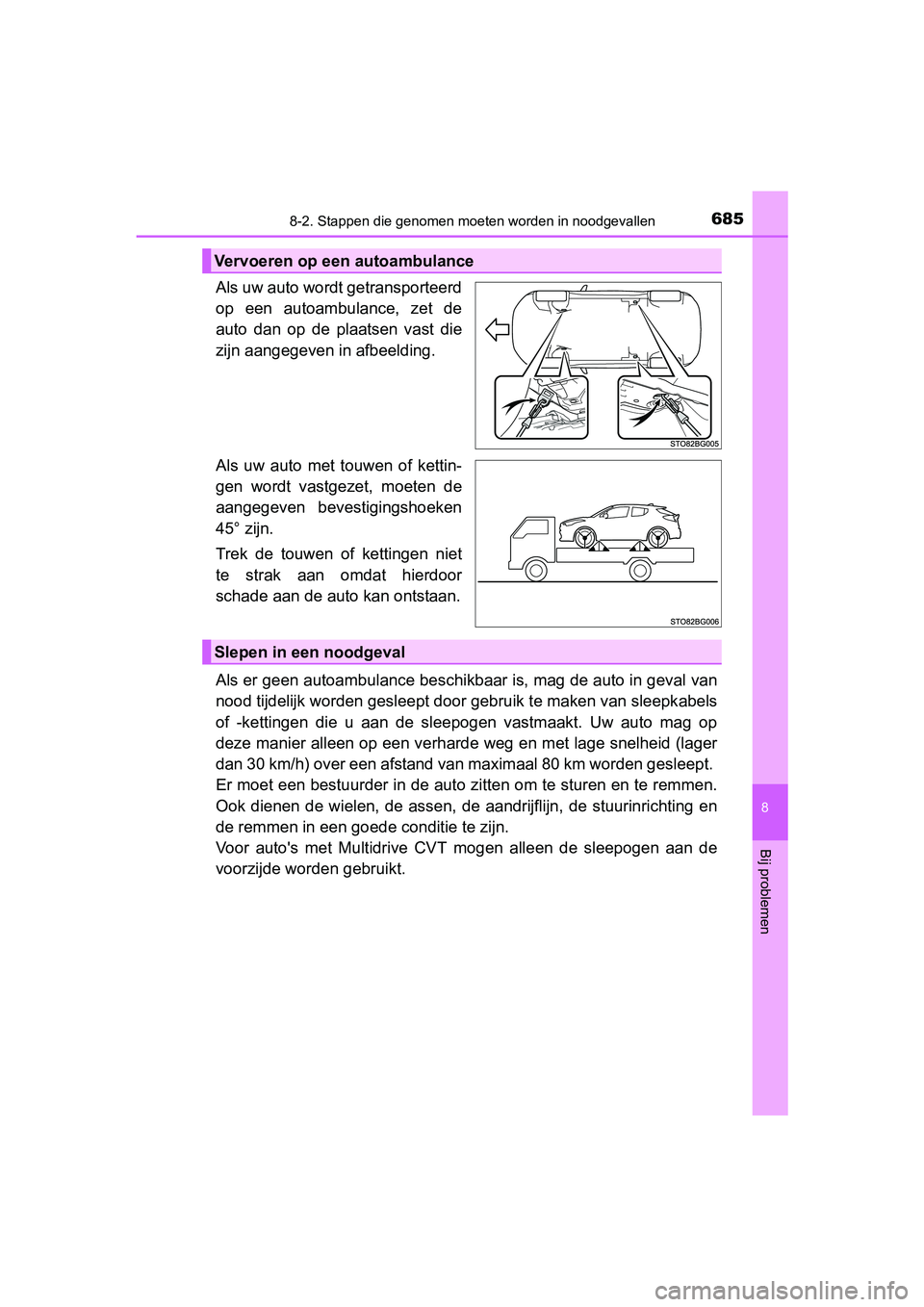 TOYOTA C-HR 2016 Instructieboekje (in Dutch) 6858-2. Stappen die genomen moeten worden in noodgevallen
8
Bij problemen
C-HR_OM_Europe_OM10528E
Als uw auto wordt getransporteerd
op een autoambulance, zet de
auto dan op de plaatsen vast TOYOTA C-HR 2016 Instructieboekje (in Dutch) 6858-2. Stappen die genomen moeten worden in noodgevallen
8
Bij problemen
C-HR_OM_Europe_OM10528E
Als uw auto wordt getransporteerd
op een autoambulance, zet de
auto dan op de plaatsen vast