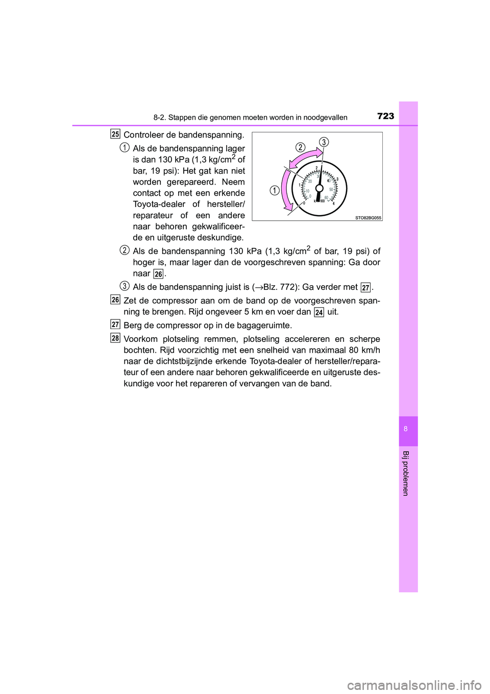 TOYOTA C-HR 2016 Instructieboekje (in Dutch) 7238-2. Stappen die genomen moeten worden in noodgevallen
8
Bij problemen
C-HR_OM_Europe_OM10528E
Controleer de bandenspanning.
Als de bandenspanning lager
is dan 130 kPa (1,3 kg/cm
2 of
bar, 19 psi TOYOTA C-HR 2016 Instructieboekje (in Dutch) 7238-2. Stappen die genomen moeten worden in noodgevallen
8
Bij problemen
C-HR_OM_Europe_OM10528E
Controleer de bandenspanning.
Als de bandenspanning lager
is dan 130 kPa (1,3 kg/cm
2 of
bar, 19 psi