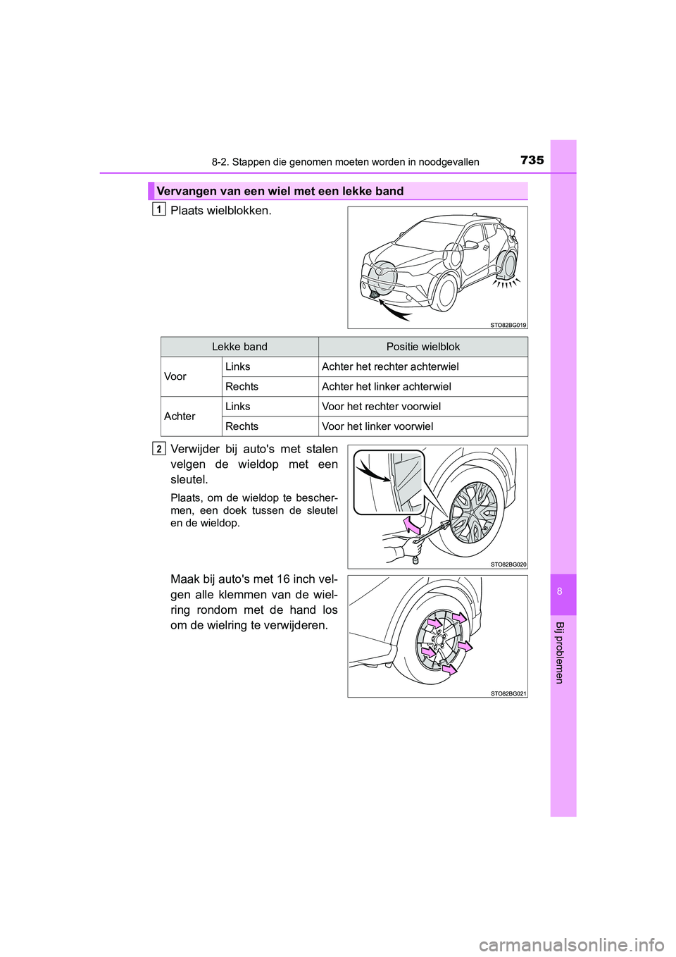 TOYOTA C-HR 2016 Instructieboekje (in Dutch) 7358-2. Stappen die genomen moeten worden in noodgevallen
8
Bij problemen
C-HR_OM_Europe_OM10528E
Plaats wielblokken.
Verwijder bij auto's met stalen
velgen de wieldop met een
sleutel.
Pla TOYOTA C-HR 2016 Instructieboekje (in Dutch) 7358-2. Stappen die genomen moeten worden in noodgevallen
8
Bij problemen
C-HR_OM_Europe_OM10528E
Plaats wielblokken.
Verwijder bij auto's met stalen
velgen de wieldop met een
sleutel.
Pla