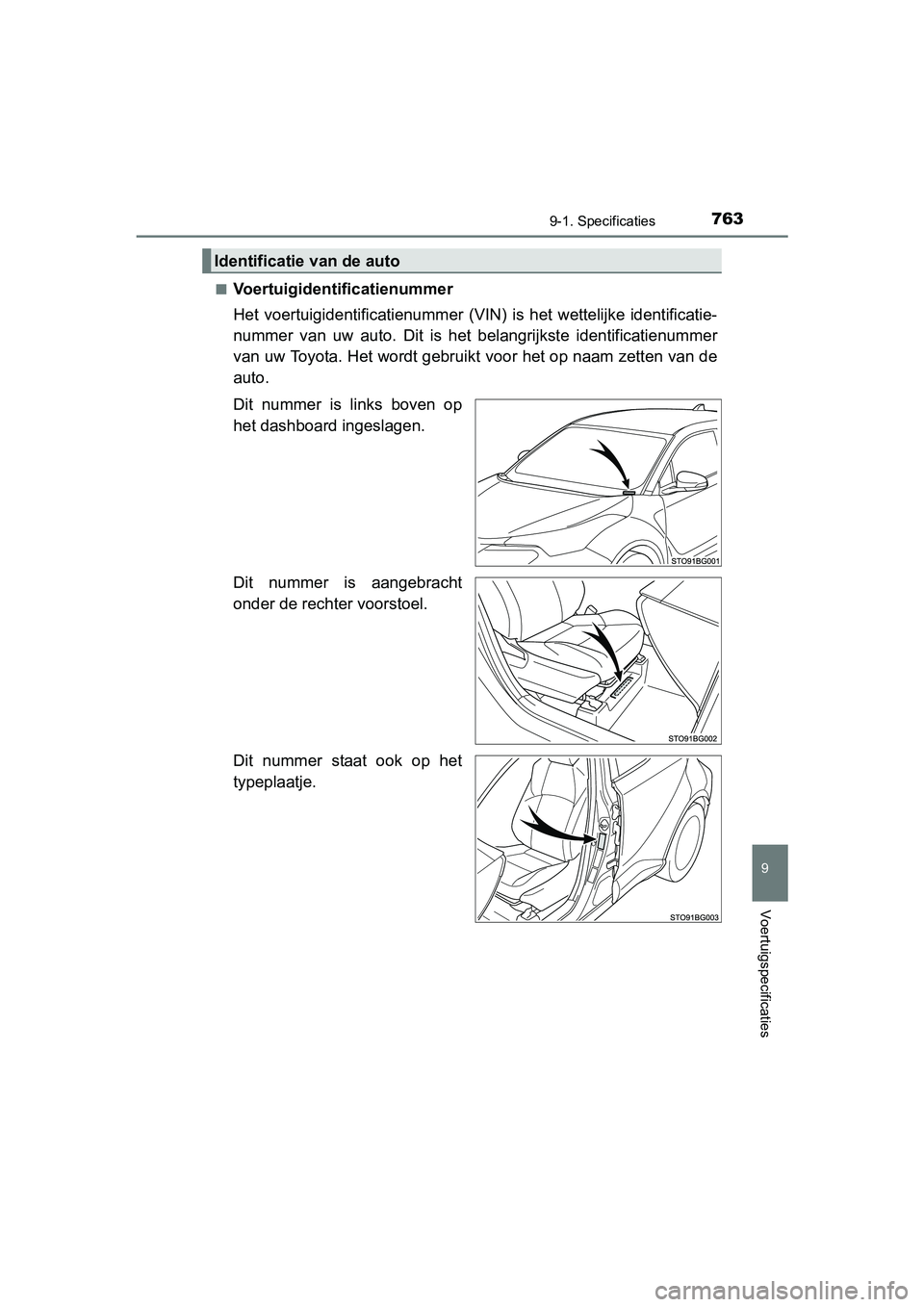 TOYOTA C-HR 2016 Instructieboekje (in Dutch) 7639-1. Specificaties
9
Voertuigspecificaties
C-HR_OM_Europe_OM10528E■
Voertuigidentificatienummer
Het voertuigidentificatienummer
(VIN) is het wettelijke identificatie-
nummer van uw auto TOYOTA C-HR 2016 Instructieboekje (in Dutch) 7639-1. Specificaties
9
Voertuigspecificaties
C-HR_OM_Europe_OM10528E■
Voertuigidentificatienummer
Het voertuigidentificatienummer
(VIN) is het wettelijke identificatie-
nummer van uw auto