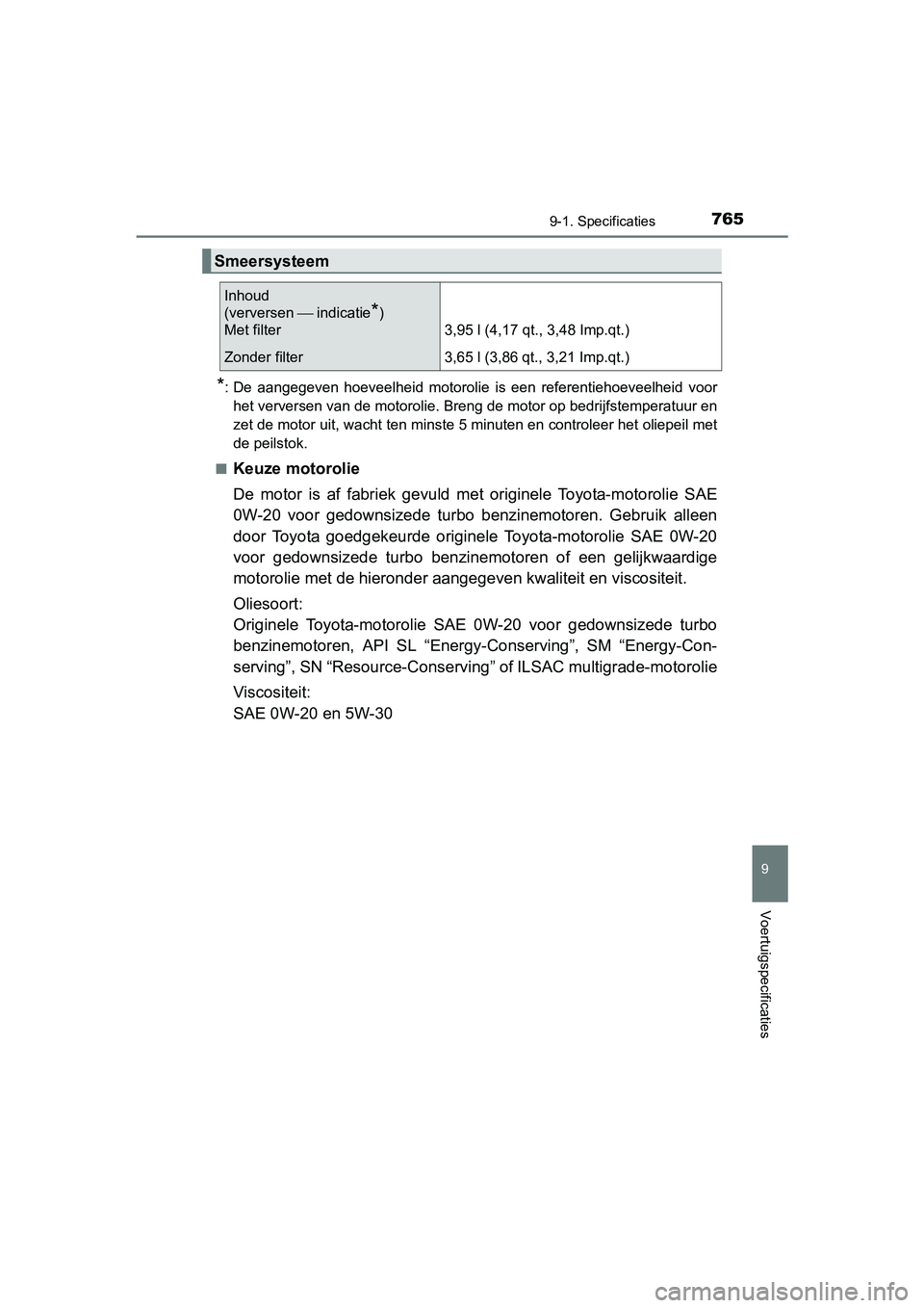 TOYOTA C-HR 2016 Instructieboekje (in Dutch) 7659-1. Specificaties
9
Voertuigspecificaties
C-HR_OM_Europe_OM10528E
*: De aangegeven hoeveelheid motorolie is een referentiehoeveelheid voor
het verversen van de motorolie. Breng de motor op TOYOTA C-HR 2016 Instructieboekje (in Dutch) 7659-1. Specificaties
9
Voertuigspecificaties
C-HR_OM_Europe_OM10528E
*: De aangegeven hoeveelheid motorolie is een referentiehoeveelheid voor
het verversen van de motorolie. Breng de motor op