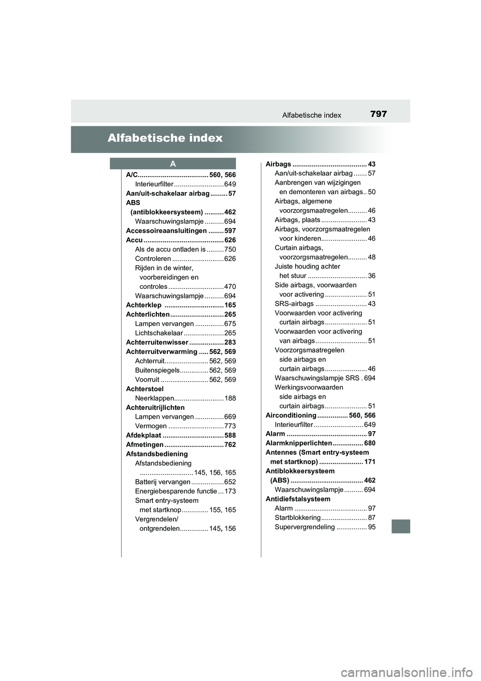 TOYOTA C-HR 2016 Instructieboekje (in Dutch) 797Alfabetische index
C-HR_OM_Europe_OM10528E
Alfabetische index
A/C..................................... 560, 566Interieurfilter .......................... 649
Aan/uit-schakelaar airbag ......... 57
TOYOTA C-HR 2016 Instructieboekje (in Dutch) 797Alfabetische index
C-HR_OM_Europe_OM10528E
Alfabetische index
A/C..................................... 560, 566Interieurfilter .......................... 649
Aan/uit-schakelaar airbag ......... 57