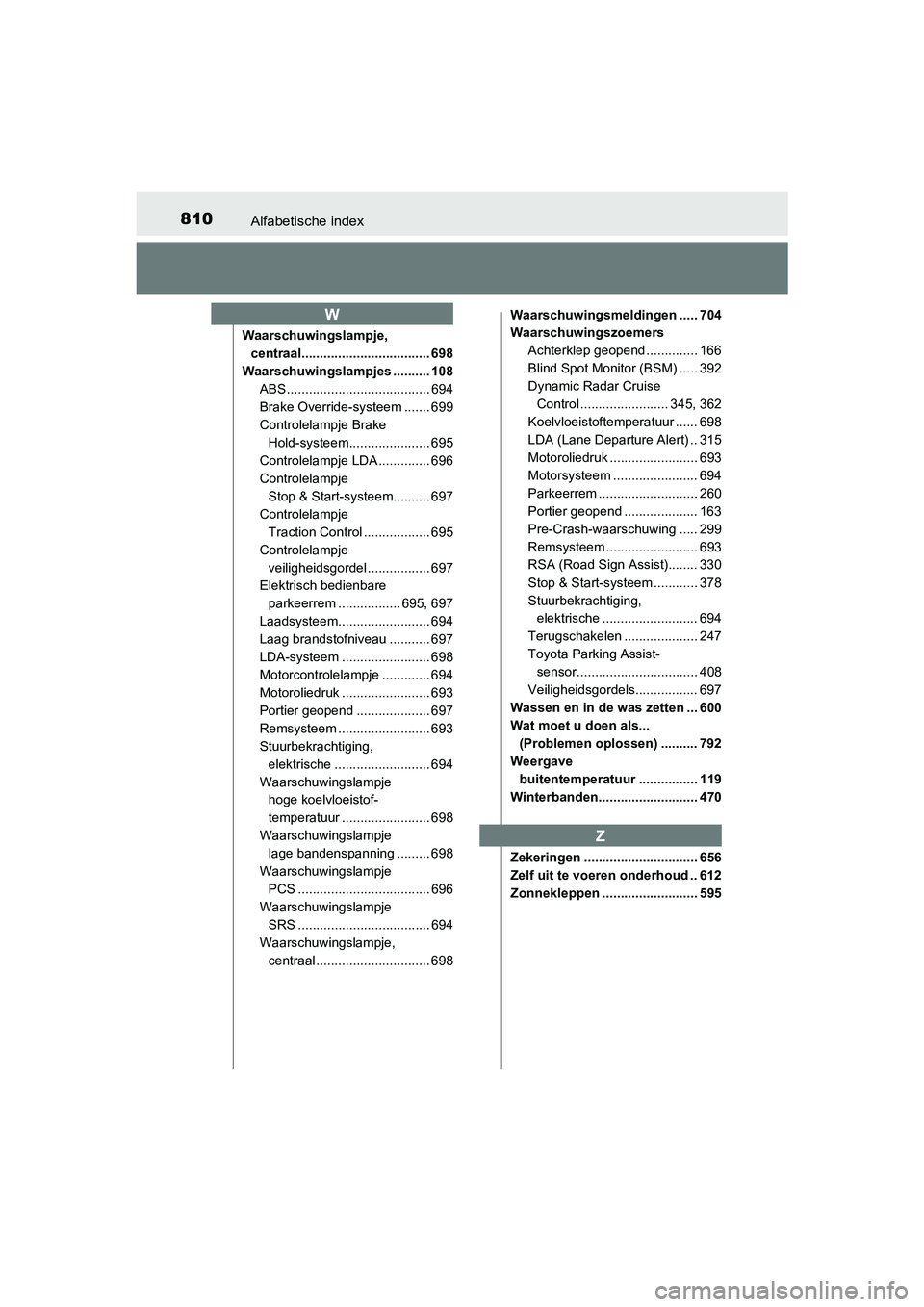 TOYOTA C-HR 2016 Instructieboekje (in Dutch) 810Alfabetische index
C-HR_OM_Europe_OM10528E
Waarschuwingslampje, centraal................................... 698
Waarschuwingslampjes .......... 108 ABS ....................................... 694
B TOYOTA C-HR 2016 Instructieboekje (in Dutch) 810Alfabetische index
C-HR_OM_Europe_OM10528E
Waarschuwingslampje, centraal................................... 698
Waarschuwingslampjes .......... 108 ABS ....................................... 694
B