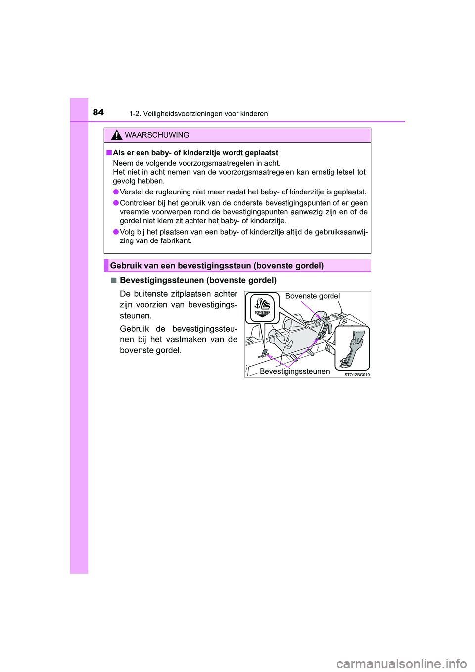 TOYOTA C-HR 2016 Instructieboekje (in Dutch) 841-2. Veiligheidsvoorzieningen voor kinderen
C-HR_OM_Europe_OM10528E■
Bevestigingssteunen
(bovenste gordel)
De buitenste zitplaatsen achter
zijn voorzien van bevestigings-
steunen.
Gebruik TOYOTA C-HR 2016 Instructieboekje (in Dutch) 841-2. Veiligheidsvoorzieningen voor kinderen
C-HR_OM_Europe_OM10528E■
Bevestigingssteunen
(bovenste gordel)
De buitenste zitplaatsen achter
zijn voorzien van bevestigings-
steunen.
Gebruik