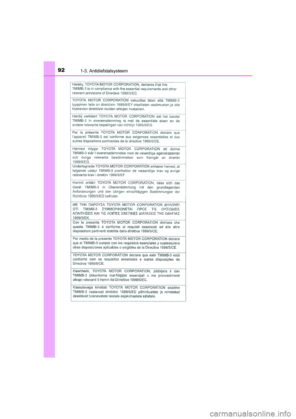 TOYOTA C-HR 2016  Instructieboekje (in Dutch) 921-3. Antidiefstalsysteem
C-HR_OM_Europe_OM10528E
C-HR_OM_Europe_OM10528E.book  Page 92  Tuesday, September 6, 2016  4:16 PM 