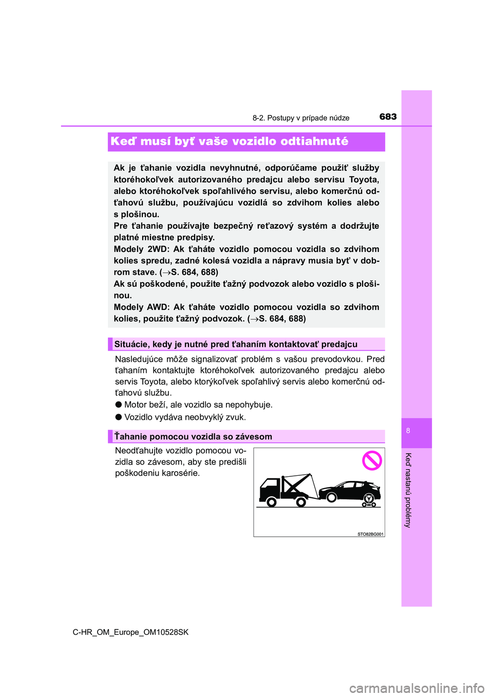 TOYOTA C-HR 2016  Návod na použitie (in Slovakian) 6838-2. Postupy v prípade núdze
8
Keď nastanú problémy
C-HR_OM_Europe_OM10528SK
Keď musí byť vaše vozidlo odtiahnuté
Nasledujúce  môže  signalizovať  problém  s  vašou  prevodovkou.  P