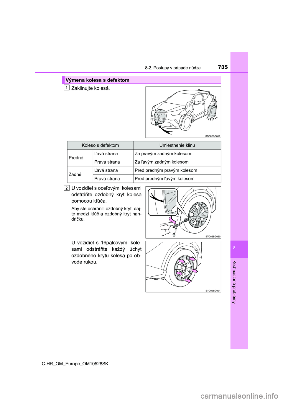 TOYOTA C-HR 2016  Návod na použitie (in Slovakian) 7358-2. Postupy v prípade núdze
8
Keď nastanú problémy
C-HR_OM_Europe_OM10528SK
Zaklinujte kolesá.
U vozidiel s oceľovými kolesami
odstráňte  ozdobný  kryt  kolesa
pomocou kľúča.
Aby ste