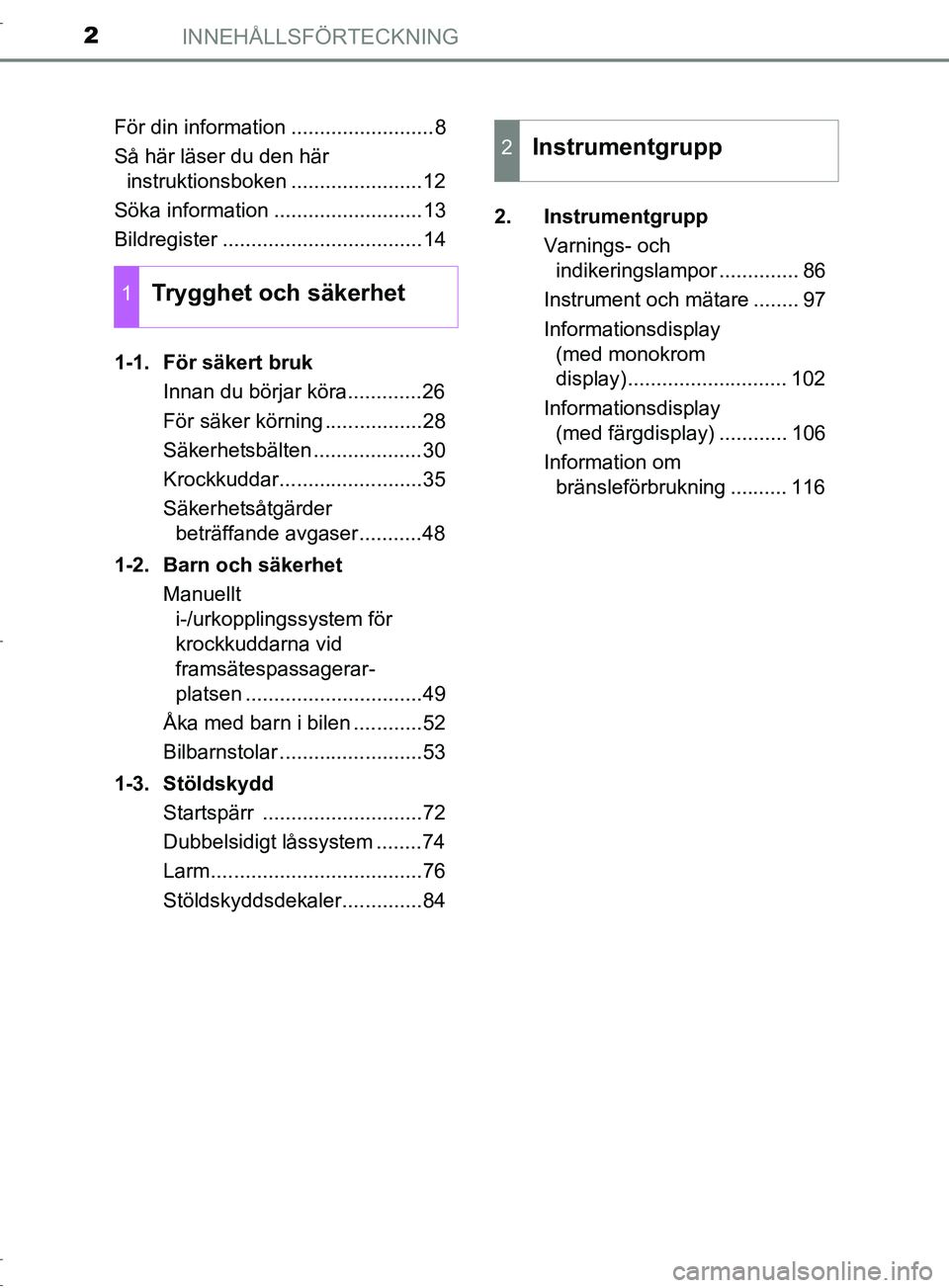 TOYOTA C-HR 2016 Bruksanvisningar (in Swedish) INNEHÅLLSFÖRTECKNING2
OM10528SEFör din information .........................8
Så här läser du den här
instruktionsboken .......................12
Söka information ..........................13 TOYOTA C-HR 2016 Bruksanvisningar (in Swedish) INNEHÅLLSFÖRTECKNING2
OM10528SEFör din information .........................8
Så här läser du den här
instruktionsboken .......................12
Söka information ..........................13
