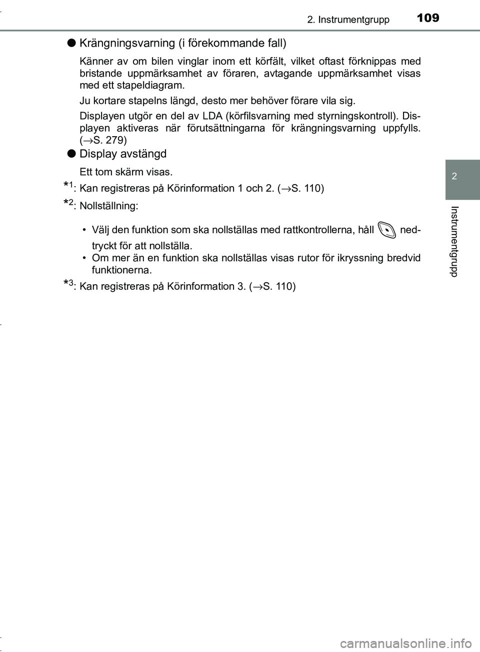 TOYOTA C-HR 2017 Bruksanvisningar (in Swedish) 1092. Instrumentgrupp
2
Instrumentgrupp
OM10528SE
●Krängningsvarning (i förekommande fall)
Känner av om bilen vinglar inom ett körfält, vilket oftast förknippas med
bristande uppmärksamhet av TOYOTA C-HR 2017 Bruksanvisningar (in Swedish) 1092. Instrumentgrupp
2
Instrumentgrupp
OM10528SE
●Krängningsvarning (i förekommande fall)
Känner av om bilen vinglar inom ett körfält, vilket oftast förknippas med
bristande uppmärksamhet av