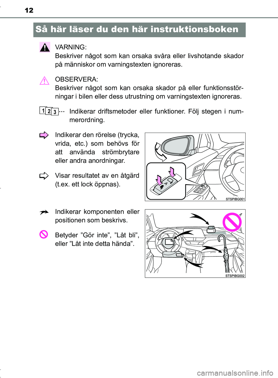 TOYOTA C-HR 2017 Bruksanvisningar (in Swedish) 12
OM10528SE
Så här läser du den här instruktionsboken
VARNING:
Beskriver något som kan orsaka svåra eller livshotande skador
på människor om varningstexten ignoreras.
OBSERVERA:
Beskriver n TOYOTA C-HR 2017 Bruksanvisningar (in Swedish) 12
OM10528SE
Så här läser du den här instruktionsboken
VARNING:
Beskriver något som kan orsaka svåra eller livshotande skador
på människor om varningstexten ignoreras.
OBSERVERA:
Beskriver n