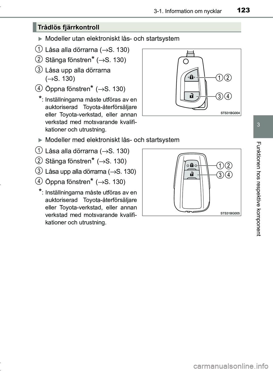 TOYOTA C-HR 2017 Bruksanvisningar (in Swedish) 1233-1. Information om nycklar
3
Funktionen hos respektive komponent
OM10528SE
Modeller utan elektroniskt lås- och startsystem
Låsa alla dörrarna (→S. 130)
Stänga fönstren
* ( → S. 130)
L TOYOTA C-HR 2017 Bruksanvisningar (in Swedish) 1233-1. Information om nycklar
3
Funktionen hos respektive komponent
OM10528SE
Modeller utan elektroniskt lås- och startsystem
Låsa alla dörrarna (→S. 130)
Stänga fönstren
* ( → S. 130)
L