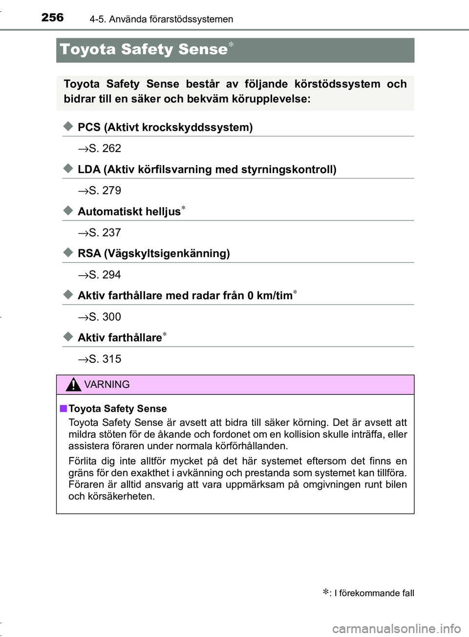 TOYOTA C-HR 2017 Bruksanvisningar (in Swedish) 2564-5. Använda förarstödssystemen
OM10528SE
Toyota Safety Sense∗
◆PCS (Aktivt krockskyddssystem)
→S. 262
◆LDA (Aktiv körfilsvarning med styrningskontroll)
→S. 279
◆Automatiskt helljus TOYOTA C-HR 2017 Bruksanvisningar (in Swedish) 2564-5. Använda förarstödssystemen
OM10528SE
Toyota Safety Sense∗
◆PCS (Aktivt krockskyddssystem)
→S. 262
◆LDA (Aktiv körfilsvarning med styrningskontroll)
→S. 279
◆Automatiskt helljus