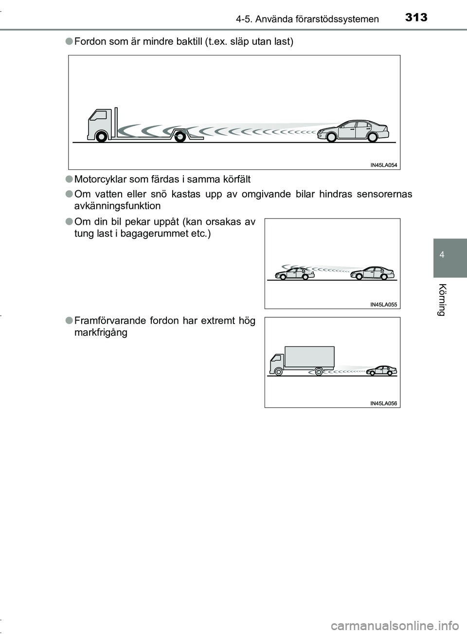 TOYOTA C-HR 2017 Bruksanvisningar (in Swedish) 3134-5. Använda förarstödssystemen
4
Körning
OM10528SE●
Fordon som är mindre baktill (t.ex. släp utan last)
● Motorcyklar som färdas i samma körfält
● Om vatten eller snö kastas upp av TOYOTA C-HR 2017 Bruksanvisningar (in Swedish) 3134-5. Använda förarstödssystemen
4
Körning
OM10528SE●
Fordon som är mindre baktill (t.ex. släp utan last)
● Motorcyklar som färdas i samma körfält
● Om vatten eller snö kastas upp av