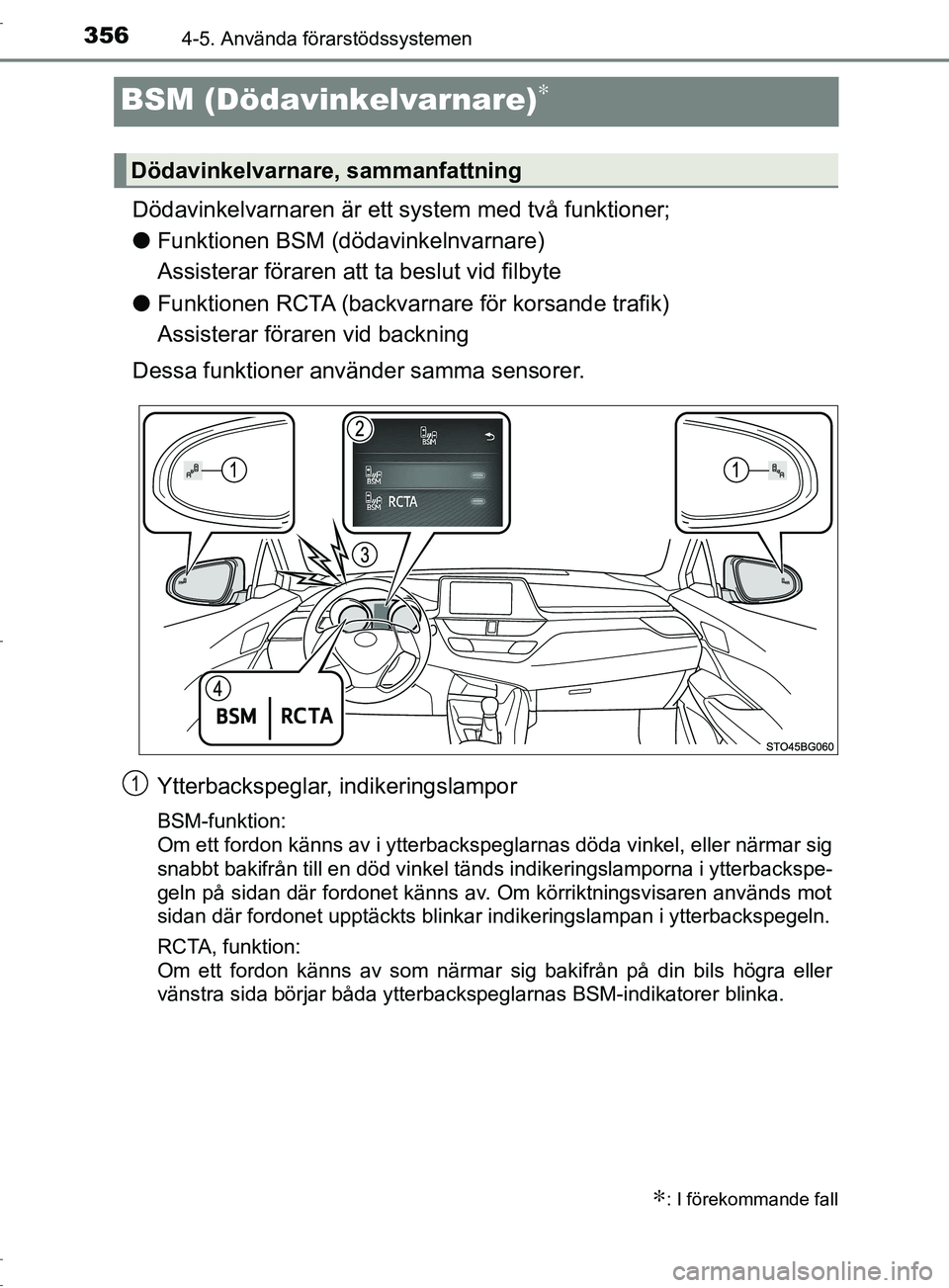 TOYOTA C-HR 2017  Bruksanvisningar (in Swedish) 3564-5. Använda förarstödssystemen
OM10528SE
BSM (Dödavinkelvarnare)∗
Dödavinkelvarnaren är ett system med två funktioner;
●Funktionen BSM (dödavinkelnvarnare)
Assisterar föraren att ta b
