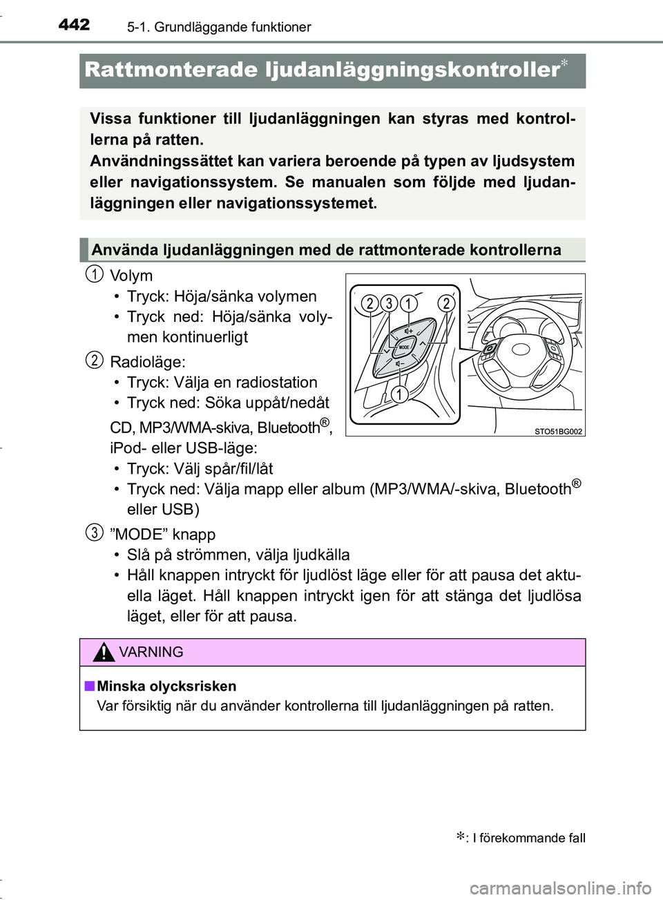 TOYOTA C-HR 2017 Bruksanvisningar (in Swedish) 4425-1. Grundläggande funktioner
OM10528SE
Rattmonterade ljudanläggningskontroller∗
Vo l y m
• Tryck: Höja/sänka volymen
• Tryck ned: Höja/sänka voly- men kontinuerligt
Radioläge: • Try TOYOTA C-HR 2017 Bruksanvisningar (in Swedish) 4425-1. Grundläggande funktioner
OM10528SE
Rattmonterade ljudanläggningskontroller∗
Vo l y m
• Tryck: Höja/sänka volymen
• Tryck ned: Höja/sänka voly- men kontinuerligt
Radioläge: • Try
