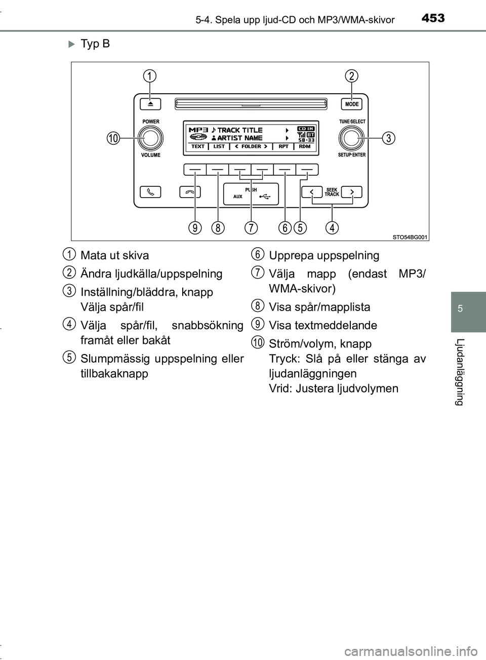 TOYOTA C-HR 2017 Bruksanvisningar (in Swedish) 4535-4. Spela upp ljud-CD och MP3/WMA-skivor
5
Ljudanläggning
OM10528SE
Ty p B
Mata ut skiva
Ändra ljudkälla/uppspelning
Inställning/bläddra, knapp
Välja spår/fil
Välja spår/fil, snabbsö TOYOTA C-HR 2017 Bruksanvisningar (in Swedish) 4535-4. Spela upp ljud-CD och MP3/WMA-skivor
5
Ljudanläggning
OM10528SE
Ty p B
Mata ut skiva
Ändra ljudkälla/uppspelning
Inställning/bläddra, knapp
Välja spår/fil
Välja spår/fil, snabbsö