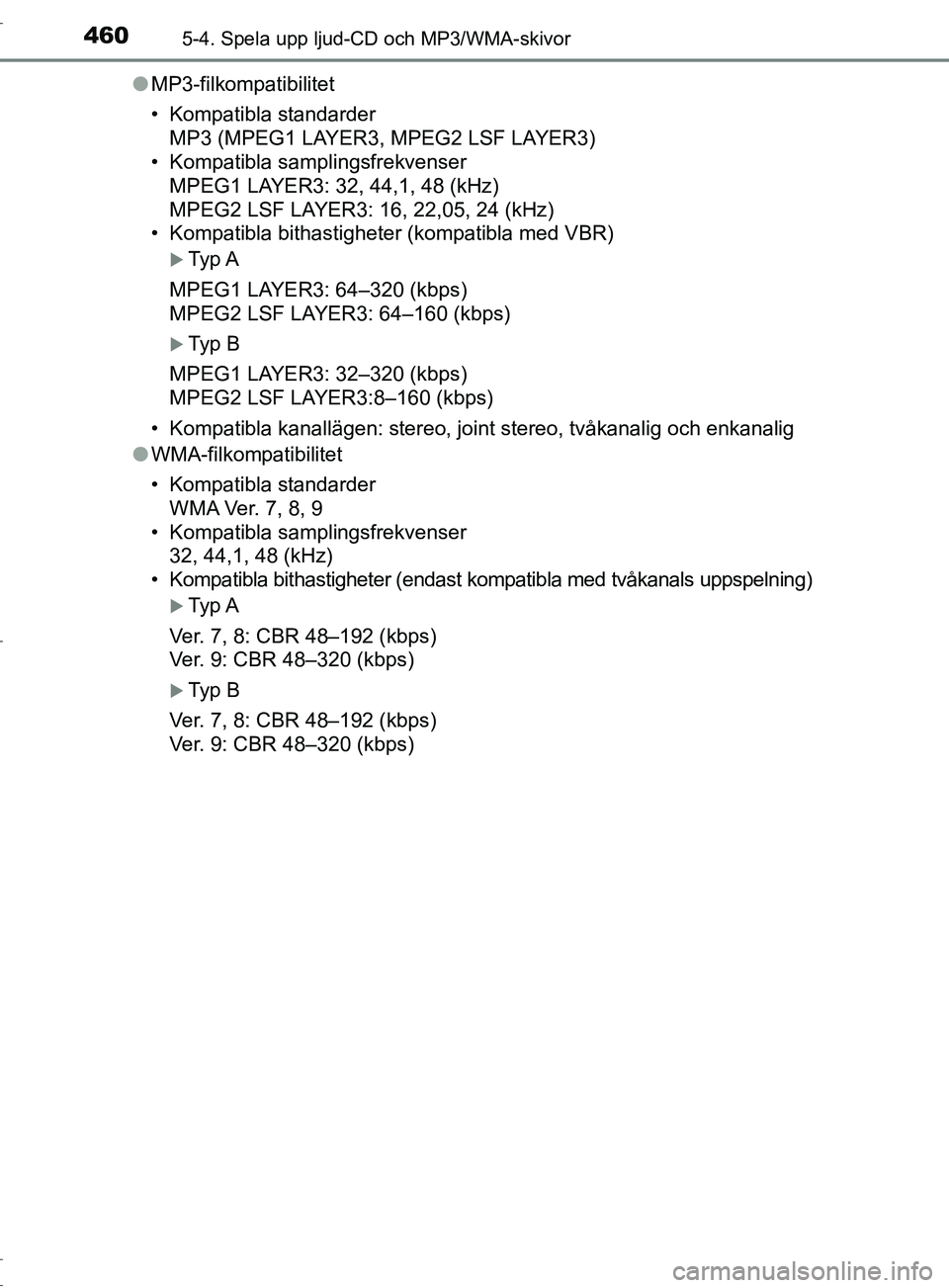 TOYOTA C-HR 2017 Bruksanvisningar (in Swedish) 4605-4. Spela upp ljud-CD och MP3/WMA-skivor
OM10528SE●
MP3-filkompatibilitet
• Kompatibla standarder
MP3 (MPEG1 LAYER3, MPEG2 LSF LAYER3)
• Kompatibla samplingsfrekvenser
MPEG1 LAYER3: 32, 44,1 TOYOTA C-HR 2017 Bruksanvisningar (in Swedish) 4605-4. Spela upp ljud-CD och MP3/WMA-skivor
OM10528SE●
MP3-filkompatibilitet
• Kompatibla standarder
MP3 (MPEG1 LAYER3, MPEG2 LSF LAYER3)
• Kompatibla samplingsfrekvenser
MPEG1 LAYER3: 32, 44,1