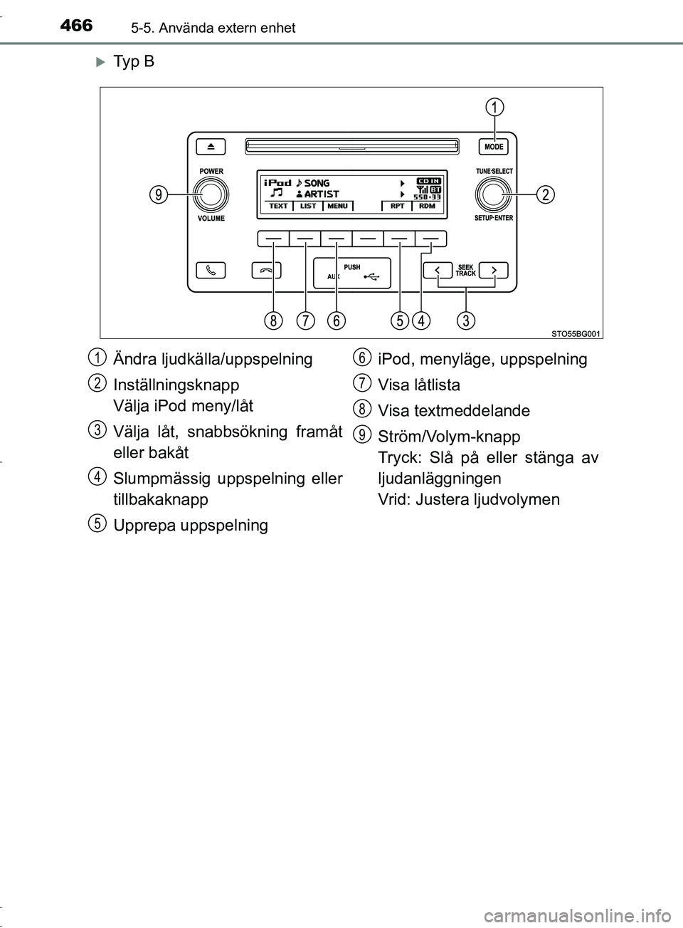 TOYOTA C-HR 2017 Bruksanvisningar (in Swedish) 4665-5. Använda extern enhet
OM10528SE
Ty p B
Ändra ljudkälla/uppspelning
Inställningsknapp
Välja iPod meny/låt
Välja låt, snabbsökning framåt
eller bakåt
Slumpmässig uppspelning eller TOYOTA C-HR 2017 Bruksanvisningar (in Swedish) 4665-5. Använda extern enhet
OM10528SE
Ty p B
Ändra ljudkälla/uppspelning
Inställningsknapp
Välja iPod meny/låt
Välja låt, snabbsökning framåt
eller bakåt
Slumpmässig uppspelning eller