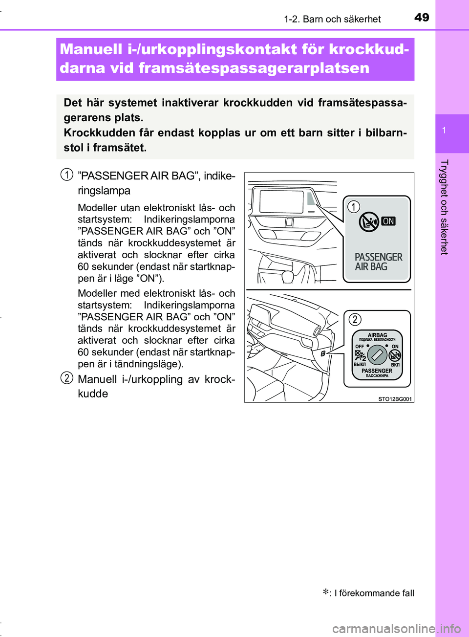 TOYOTA C-HR 2017 Bruksanvisningar (in Swedish) 491-2. Barn och säkerhet
1
Trygghet och säkerhet
OM10528SE
Manuell i-/urkopplingskontakt för krockkud-
darna vid framsätespassagerarplatsen
”PASSENGER AIR BAG”, indike-
ringslampa
Modeller u TOYOTA C-HR 2017 Bruksanvisningar (in Swedish) 491-2. Barn och säkerhet
1
Trygghet och säkerhet
OM10528SE
Manuell i-/urkopplingskontakt för krockkud-
darna vid framsätespassagerarplatsen
”PASSENGER AIR BAG”, indike-
ringslampa
Modeller u