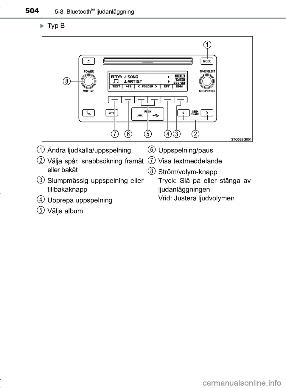 TOYOTA C-HR 2016 Bruksanvisningar (in Swedish) 5045-8. Bluetooth® ljudanläggning
OM10528SE
Ty p B
Ändra ljudkälla/uppspelning
Välja spår, snabbsökning framåt
eller bakåt
Slumpmässig uppspelning eller
tillbakaknapp
Upprepa uppspelning TOYOTA C-HR 2016 Bruksanvisningar (in Swedish) 5045-8. Bluetooth® ljudanläggning
OM10528SE
Ty p B
Ändra ljudkälla/uppspelning
Välja spår, snabbsökning framåt
eller bakåt
Slumpmässig uppspelning eller
tillbakaknapp
Upprepa uppspelning