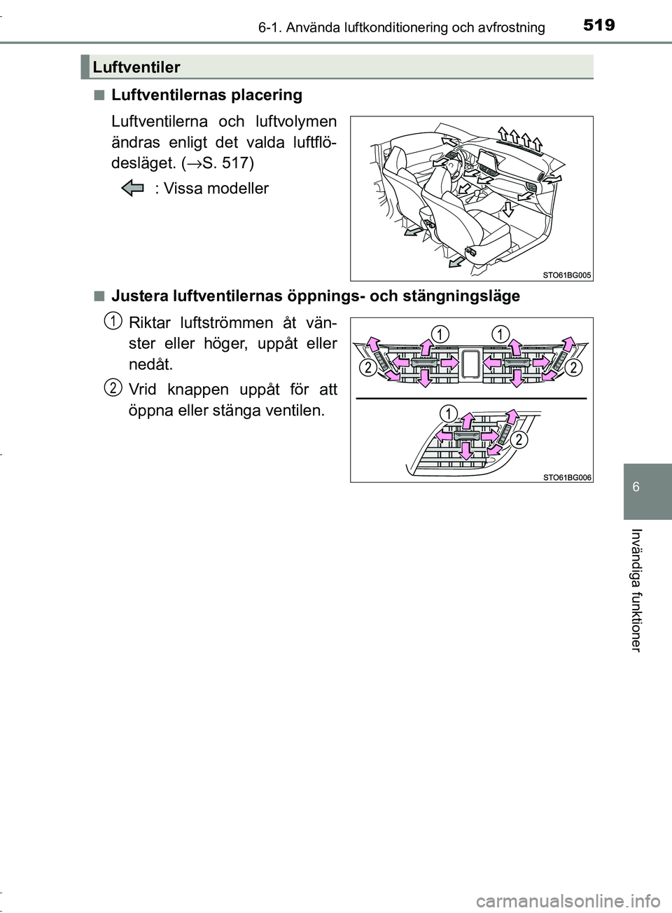 TOYOTA C-HR 2017 Bruksanvisningar (in Swedish) 5196-1. Använda luftkonditionering och avfrostning
6
Invändiga funktioner
OM10528SE■
Luftventilernas placering
Luftventilerna och luftvolymen
ändras enligt det valda luftflö-
desläget. (
→S. TOYOTA C-HR 2017 Bruksanvisningar (in Swedish) 5196-1. Använda luftkonditionering och avfrostning
6
Invändiga funktioner
OM10528SE■
Luftventilernas placering
Luftventilerna och luftvolymen
ändras enligt det valda luftflö-
desläget. (
→S.