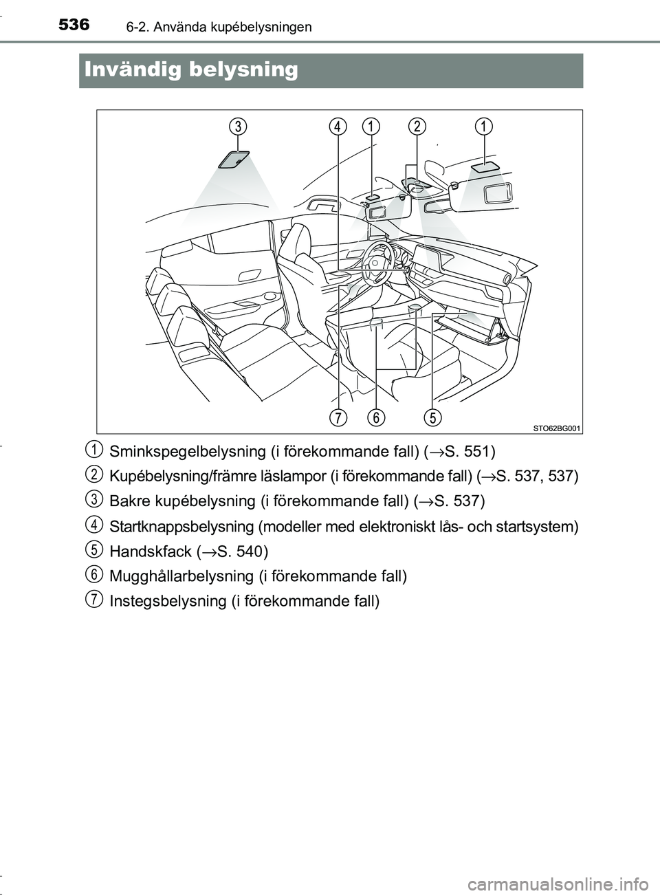 TOYOTA C-HR 2017 Bruksanvisningar (in Swedish) 5366-2. Använda kupébelysningen
OM10528SE
Invändig belysning
Sminkspegelbelysning (i förekommande fall) (→S. 551)
Kupébelysning/främre läslampor (i förekommande fall) ( →S. 537, 537)
Bakre TOYOTA C-HR 2017 Bruksanvisningar (in Swedish) 5366-2. Använda kupébelysningen
OM10528SE
Invändig belysning
Sminkspegelbelysning (i förekommande fall) (→S. 551)
Kupébelysning/främre läslampor (i förekommande fall) ( →S. 537, 537)
Bakre