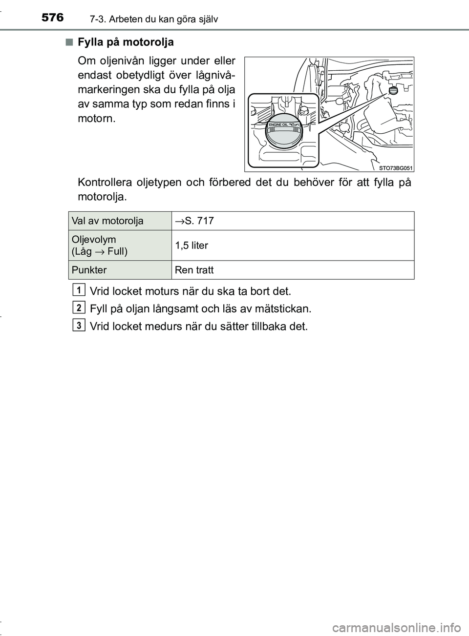 TOYOTA C-HR 2017 Bruksanvisningar (in Swedish) 5767-3. Arbeten du kan göra själv
OM10528SE■
Fylla på motorolja
Om oljenivån ligger under eller
endast obetydligt över lågnivå-
markeringen ska du fylla på olja
av samma typ som redan finns TOYOTA C-HR 2017 Bruksanvisningar (in Swedish) 5767-3. Arbeten du kan göra själv
OM10528SE■
Fylla på motorolja
Om oljenivån ligger under eller
endast obetydligt över lågnivå-
markeringen ska du fylla på olja
av samma typ som redan finns